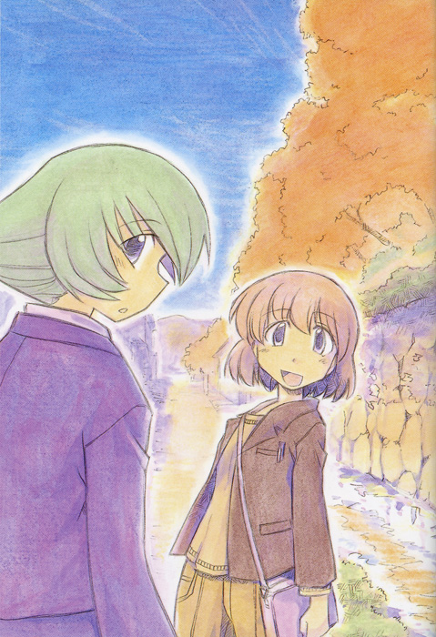 asakura soyogi, kasugano hiyori, sketchbook full colors, scan, 00s, 2girls, :d, autumn leaves, bag, blue eyes, brown hair, cowboy shot, day, from behind, green hair, handbag, jacket, leaf, long sleeves, looking at viewer, looking back, multiple girls, open clothes, open jacket, open mouth, orange skirt, outdoors, short hair, skirt, smile