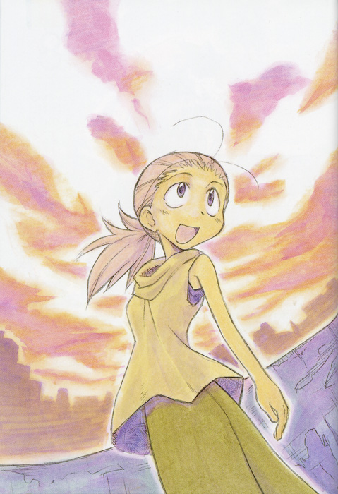 kamiya asaka, sketchbook full colors, scan, 00s, 1girl, female focus, open mouth, ponytail, sky, solo