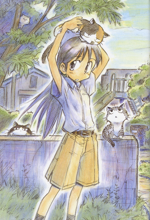 buchi, gray (sketchbook full colors), haa-san (sketchbook full colors), kajiwara sora, kuma (sketchbook full colors), mike (sketchbook full colors), sketchbook full colors, scan, 00s, cat, long hair, shorts, solo