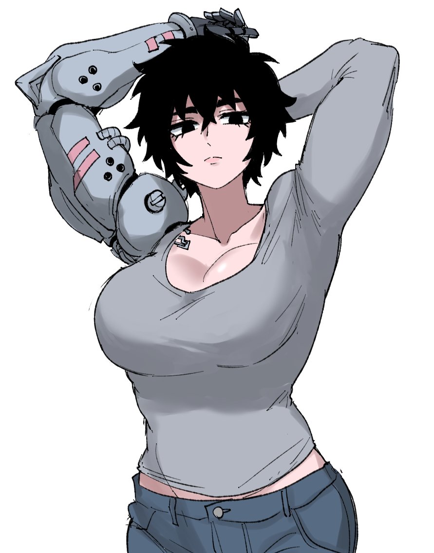 nasu (ilo a5), original, 1girl, armpits, arms behind head, black eyes, black hair, blue shirt, closed mouth, grey shirt, lips, long sleeves, looking at viewer, mechanical arms, muscular, muscular female, shirt, simple background, single mechanical arm, solo, white background