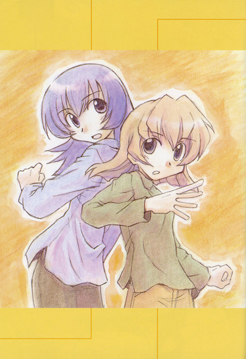 himuro fuu, tanabe ryou, sketchbook full colors, silver hair, scan, 00s, 2girls, :d, :o, back-to-back, blue eyes, brown eyes, brown hair, cowboy shot, long sleeves, looking at viewer, multiple girls, open mouth, short hair, smile, sweater