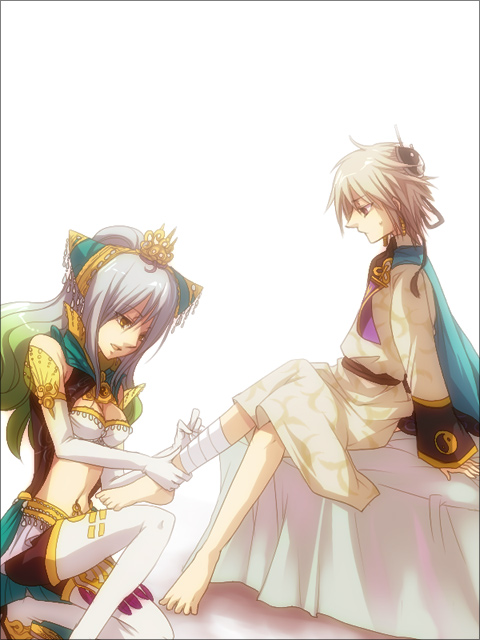 nu wa, taigong wang (musou orochi), musou orochi, musou orochi 2, silver hair, uniform, 1boy, 1girl, barefoot, blonde hair, cape, expressionless, long sleeves, shaded face, short hair, simple background, sitting, table, toes, white background