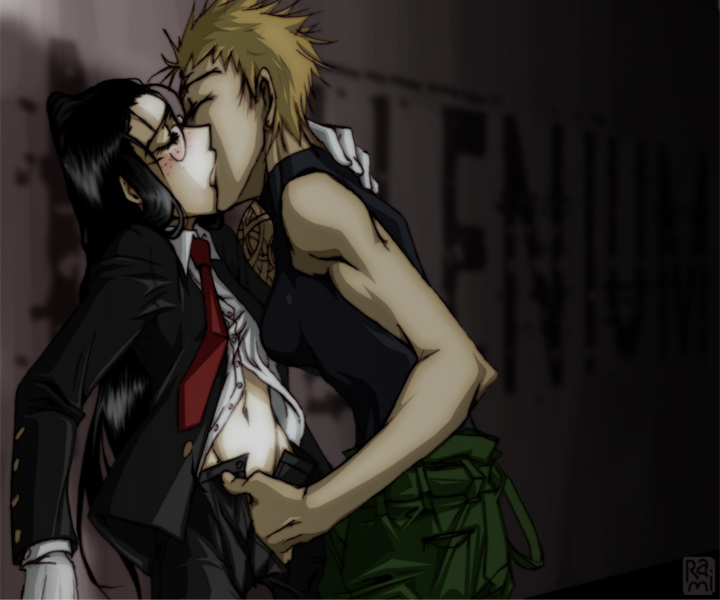 rip van winkle (hellsing), zorin blitz, hellsing, 2girls, bad anatomy, belly, black hair, blonde hair, blush, fingering, freckles, glasses, gloves, hand in pants, kiss, long hair, multiple girls, navel, short hair, yuri