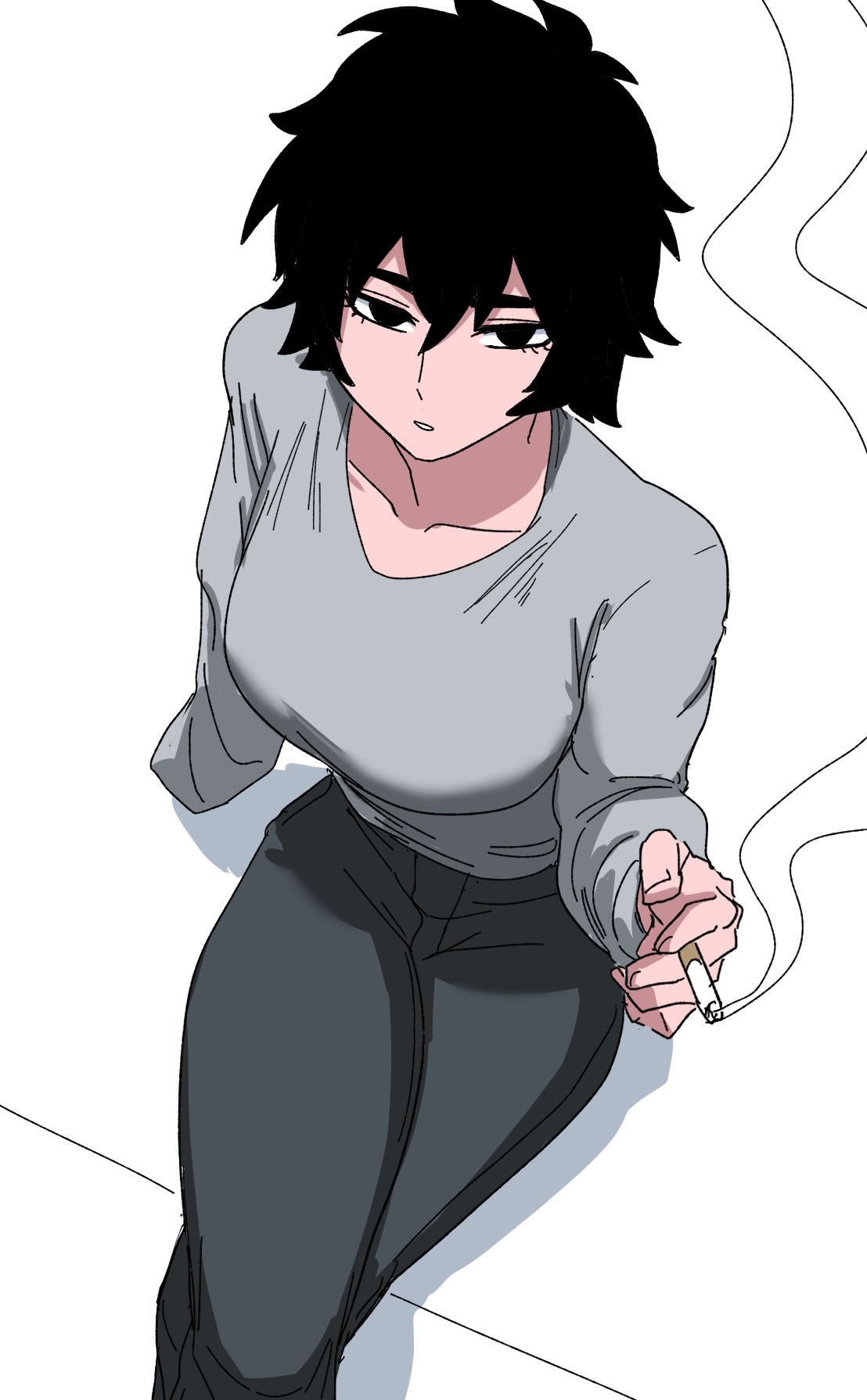 nasu (ilo a5), original, highres, unfinished, 1girl, black eyes, black hair, black pants, breasts, cigarette, clenched teeth, crossed legs, from above, grey shirt, holding, holding cigarette, large breasts, looking at viewer, muscular, muscular female, pants, parted lips, shirt, short hair, simple background, sitting, smoke, smoking, solo, teeth, white background