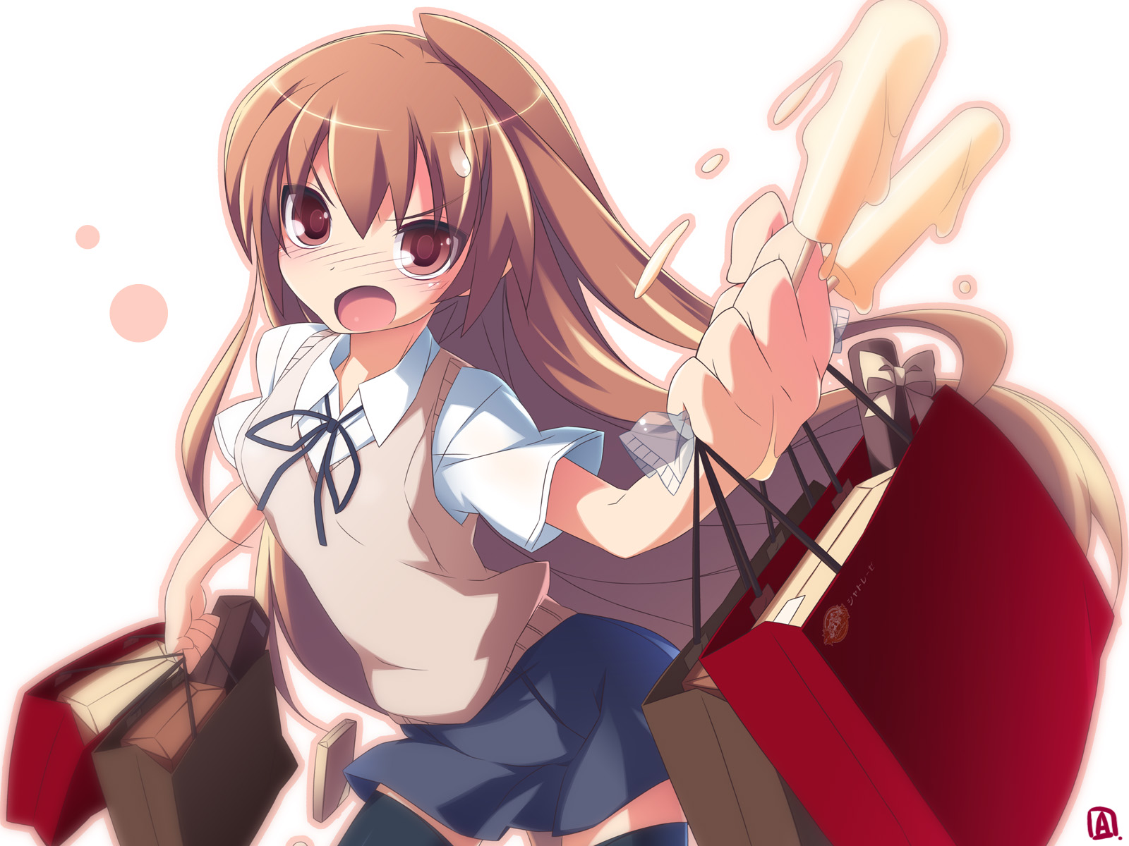 akinoko, aisaka taiga, toradora!, highres, 00s, 1girl, female focus, food, foreshortening, popsicle, school uniform, serafuku, simple background, solo, sweater vest, thighhighs, vest, zettai ryouiki