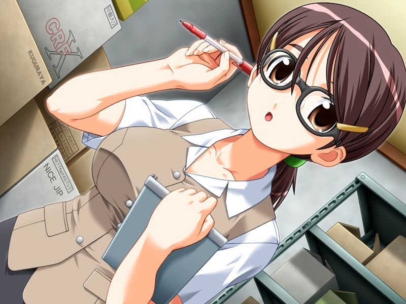 tatsuya (complet's), nakadashi teatime, uniform, game cg, source request, 1girl, box, breasts, brown eyes, brown hair, clipboard, closet, dutch angle, female focus, glasses, hair ornament, hairclip, large breasts, office lady, pen, ponytail, solo