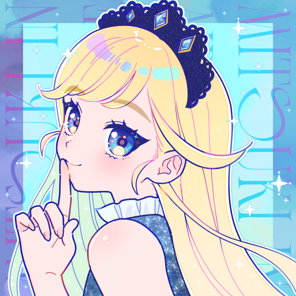 oshiri (o4ritarou), hoshikawa mitsuki, himitsu no aipri, pretty series, commentary, 1girl, bare shoulders, blonde hair, blue eyes, blue gemstone, brown pupils, character name, finger to mouth, frills, from side, gem, hair ornament, index finger raised, light blush, long hair, looking at viewer, looking to the side, outline, sidelocks, solo, sparkle, straight hair, upper body, white outline