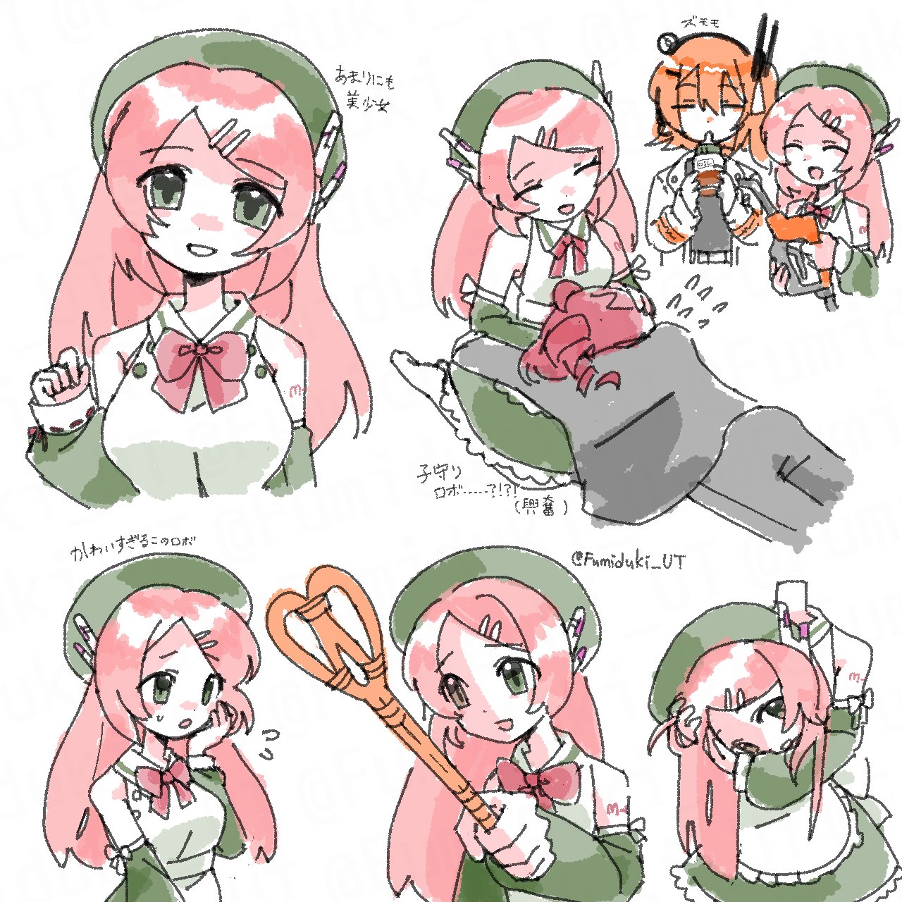 adachi rei, kasane teto, momone momo, a.i. voice, tsukiji uogashi sandaime, utau, commentary request, highres, translation request, 3girls, apron, bare shoulders, beret, bottle, bow, bowtie, breasts, carpet beater, comforting, crying, detached sleeves, disembodied head, drinking, face down, flying sweatdrops, fumizuki fumi, futon tataki, gas pump nozzle, green eyes, green hat, green skirt, grin, hat, holding, holding bottle, holding detached head, lap pillow, large breasts, long hair, looking at viewer, meme, motor oil, multiple girls, multiple views, neta, open mouth, orange hair, pink bow, pink bowtie, pink hair, red hair, robot ears, shirt, skirt, sleeveless, sleeveless shirt, smile, swept bangs, waist apron, white shirt