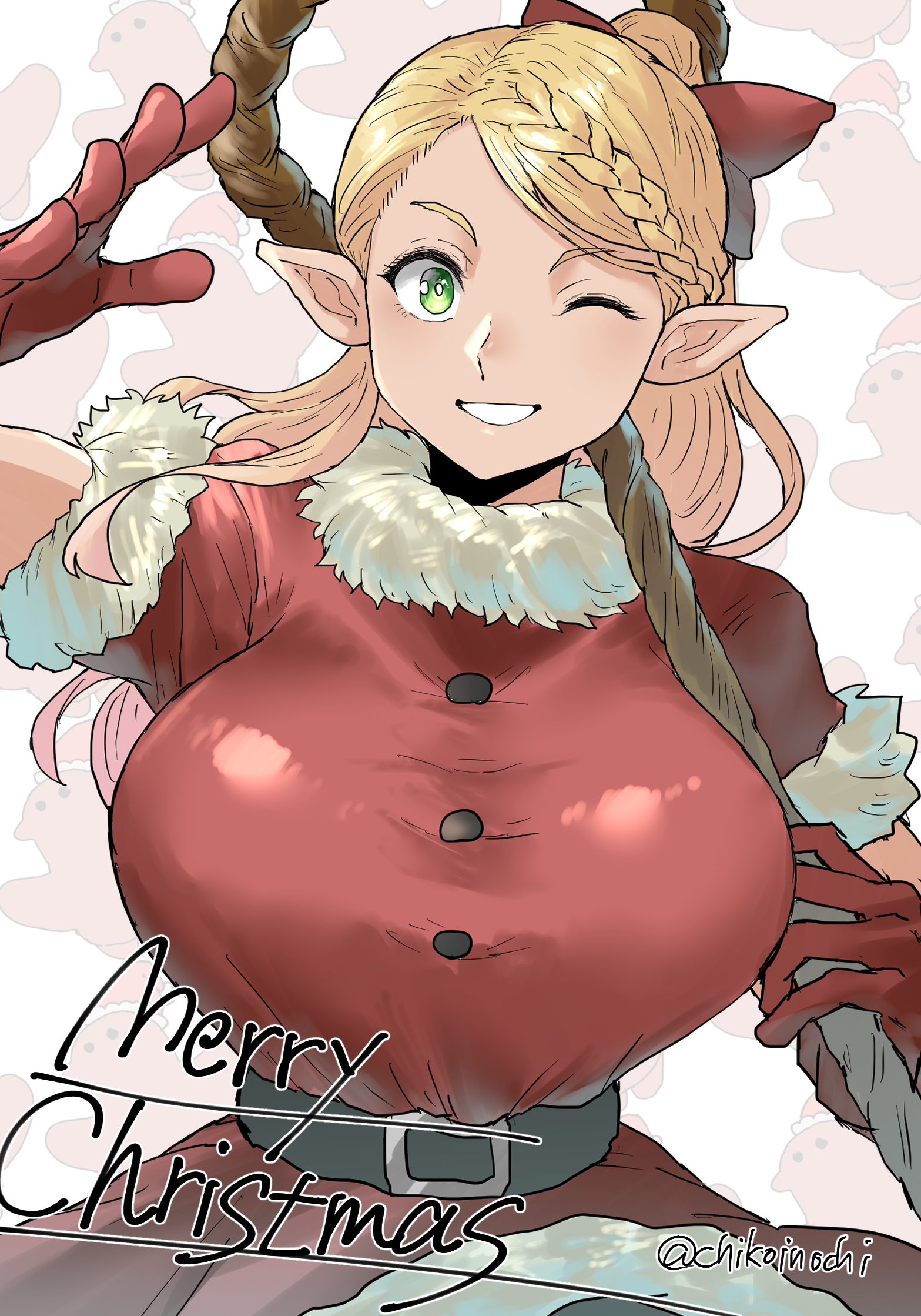 chikoinochi, marcille donato, dungeon meshi, commentary, highres, 1girl, artist name, belt, black belt, blonde hair, breasts, dress, elf, fur-trimmed dress, fur trim, gloves, green eyes, grin, holding, holding staff, large breasts, long hair, looking at viewer, merry christmas, one eye closed, pointy ears, red gloves, santa costume, santa dress, short sleeves, smile, solo, staff, twitter username