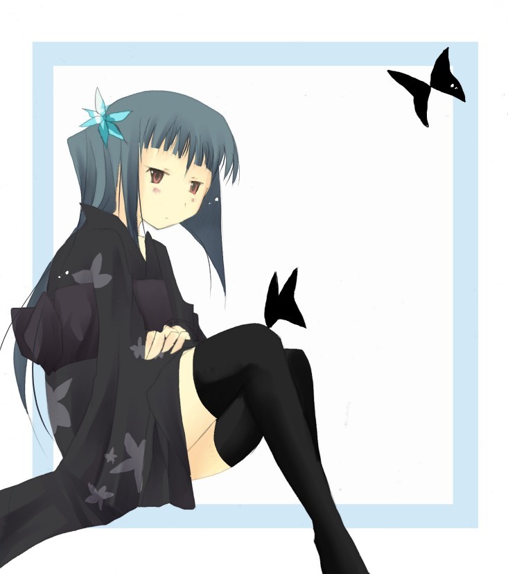 original, silver hair, brown eyes, bug, butterfly, flower, hair flower, hair ornament, insect, japanese clothes, kimono, long hair, solo, thighhighs