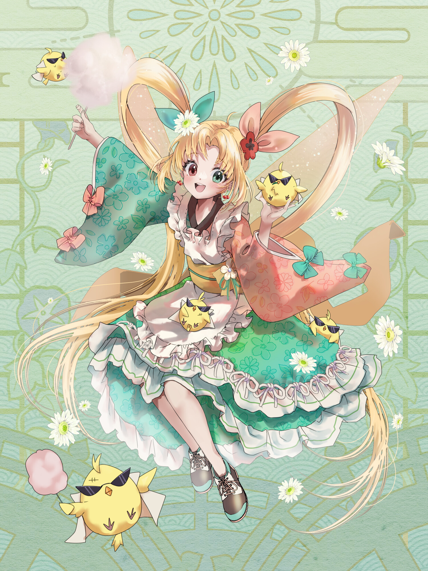 miruko tete, dairoku ryouhei, highres, 1girl, :d, apron, arm up, bird, bird on hand, black shoes, blonde hair, bow, cherry earrings, cotton candy, earrings, flower, food-themed earrings, food themed earrings, full body, green background, green eyes, hair bow, hair flower, hair ornament, heterochromia, jewelry, long hair, long sleeves, maid apron, obi, open mouth, red eyes, sash, shoes, shu freesia, sleeve bow, smile, sneakers, sunglasses, twintails, very long hair, wide sleeves