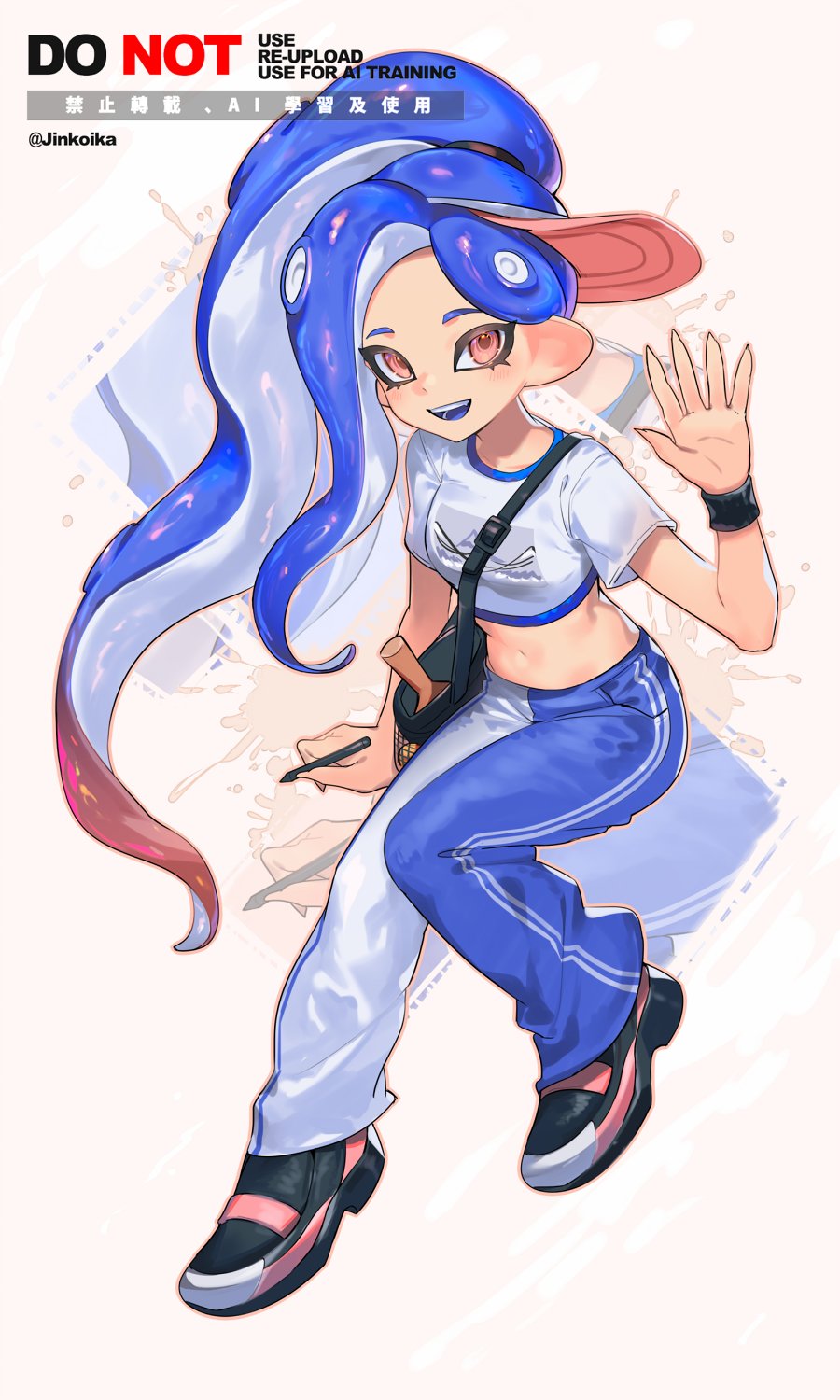 jinkoika, octoling girl, octoling player character, nintendo, splatoon (series), splatoon 3, commentary, highres, symbol-only commentary, 1girl, artist name, bag, big hair, black shoes, blue hair, blue pants, blue trim, colored tips, crop top, cropped shirt, high ponytail, holding, holding pen, long hair, looking at viewer, midriff, multicolored hair, navel, octoling, open mouth, pants, pen, pink eyes, pink hair, ponytail, print shirt, shirt, shoes, shoulder bag, sideways hat, smile, solo, teeth, tentacle hair, twitter username, two-tone hair, two-tone pants, upper teeth only, very long hair, visor cap, watermark, waving, white pants, white shirt