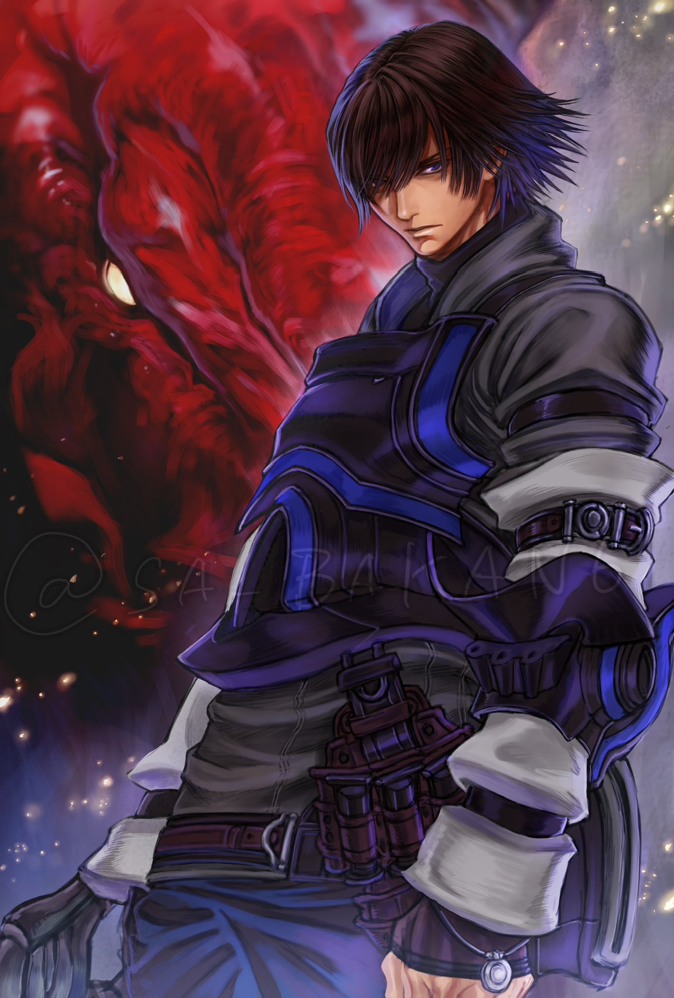 sa bakan6, angel (drag-on dragoon), caim (drag-on dragoon), drag-on dragoon, drag-on dragoon 1, commentary, highres, armor, artist name, belt, blue eyes, brown hair, closed mouth, colored skin, dragon, looking at viewer, red skin, short hair, standing, watermark, yellow eyes