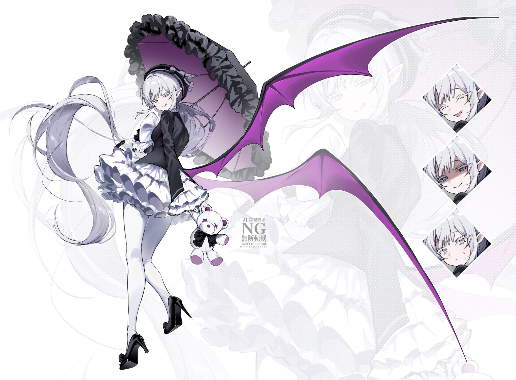 isono (isonoproject), original, highres, 1girl, bat wings, black hat, black jacket, black shoes, black umbrella, bow, bowtie, dress, floating hair, frilled dress, frilled sleeves, frills, full body, gloves, grey eyes, grey hair, hat, high heels, holding, holding umbrella, jacket, long hair, long sleeves, looking at viewer, low ponytail, low wings, multiple expressions, pantyhose, parasol, parted lips, pointy ears, ponytail, purple wings, shoes, smile, solo, stuffed animal, stuffed toy, teddy bear, umbrella, very long hair, white bow, white bowtie, white dress, white gloves, white pantyhose, wings, zoom layer