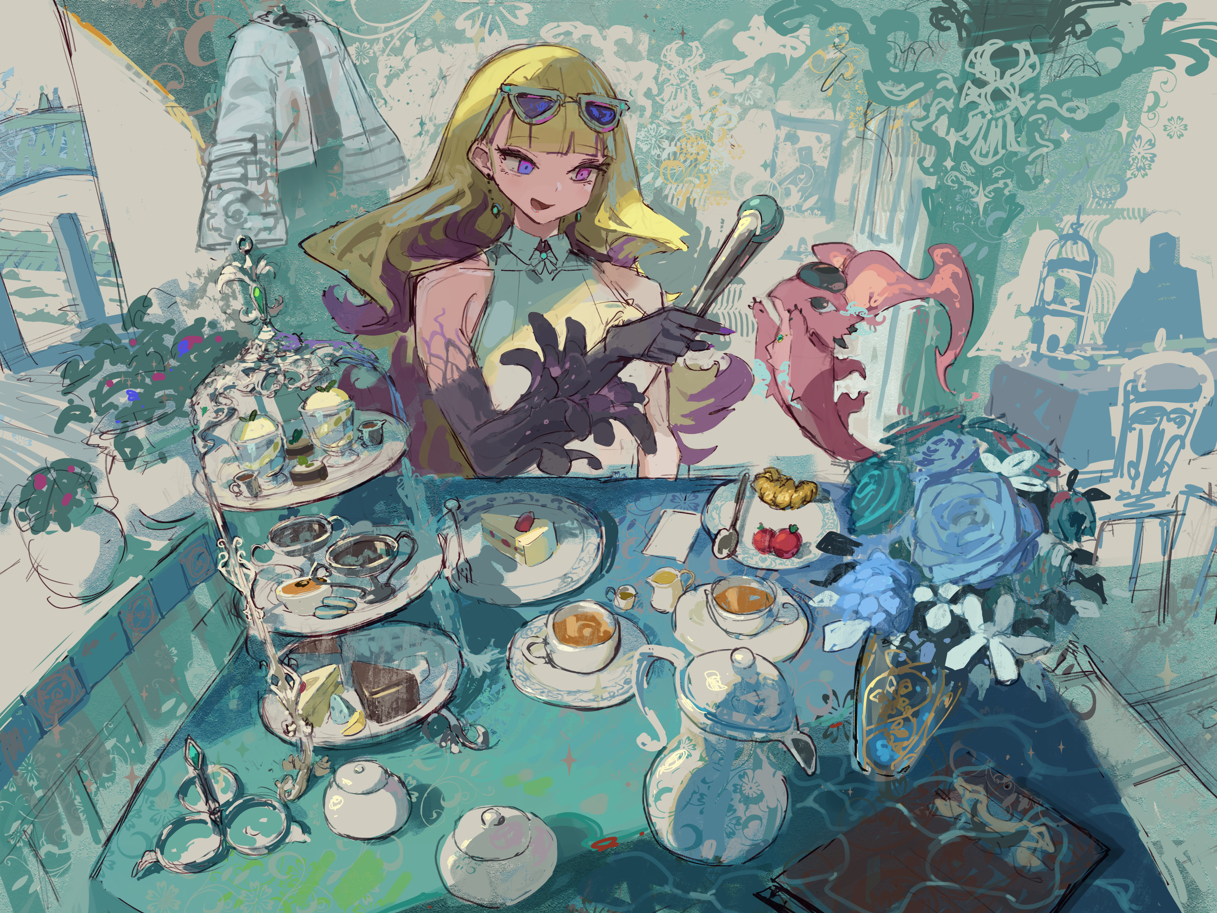 kazo (kazozakazo), diabellze the original sinkeeper, snake-eyes poplar, yu-gi-oh!, absurdres, highres, 1girl, bare shoulders, blonde hair, blue eyes, cake, dress, duel monster, eyewear on head, food, holding, multicolored hair, plate, purple eyes, purple hair, strawberry shortcake, sunglasses, table, two-tone hair, white dress