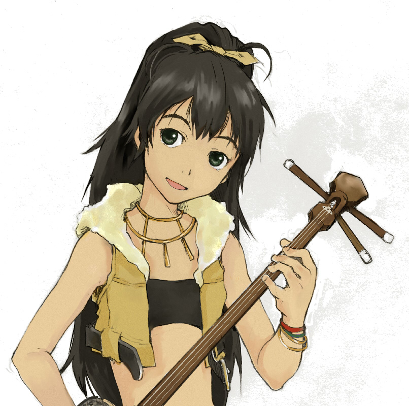 tamaoki benkyou, 961 production, ganaha hibiki, idolmaster, idolmaster (classic), idolmaster 1, original, 00s, 1girl, bandeau, bare shoulders, black eyes, black hair, female focus, instrument, jewelry, long hair, midriff, necklace, ponytail, sanshin, solo, strapless, tube top, vest