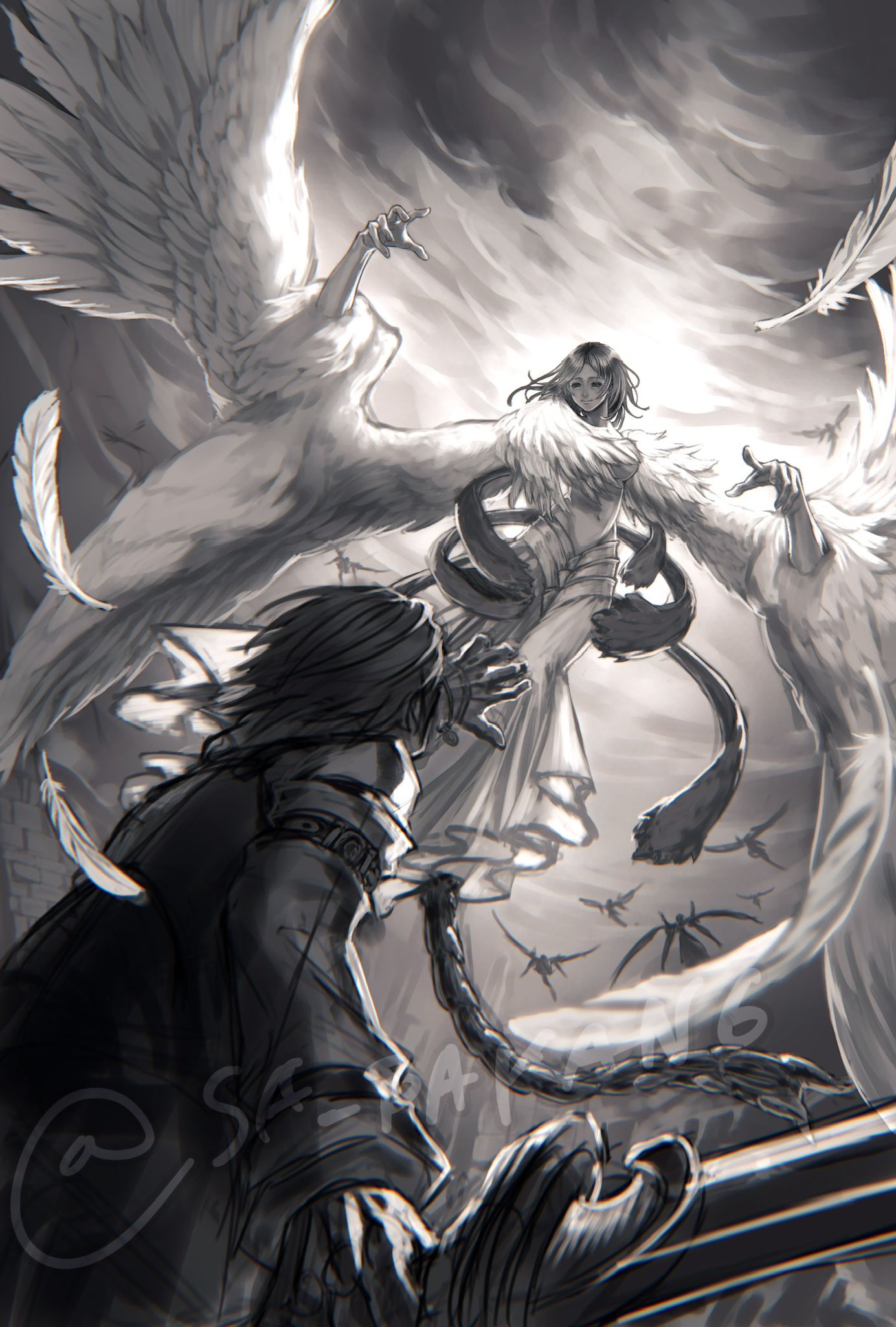 sa bakan6, caim (drag-on dragoon), furiae, drag-on dragoon, drag-on dragoon 1, commentary request, highres, spoilers, 1boy, 1girl, alternate form, angel wings, boss fight, breasts, brother and sister, closed mouth, falling feathers, feathers, flying, furiae (seeds of destruction), greyscale, holding, holding sword, holding weapon, large breasts, midair, monochrome, monster girl, navel, oversized wings, siblings, smile, sword, weapon, wings