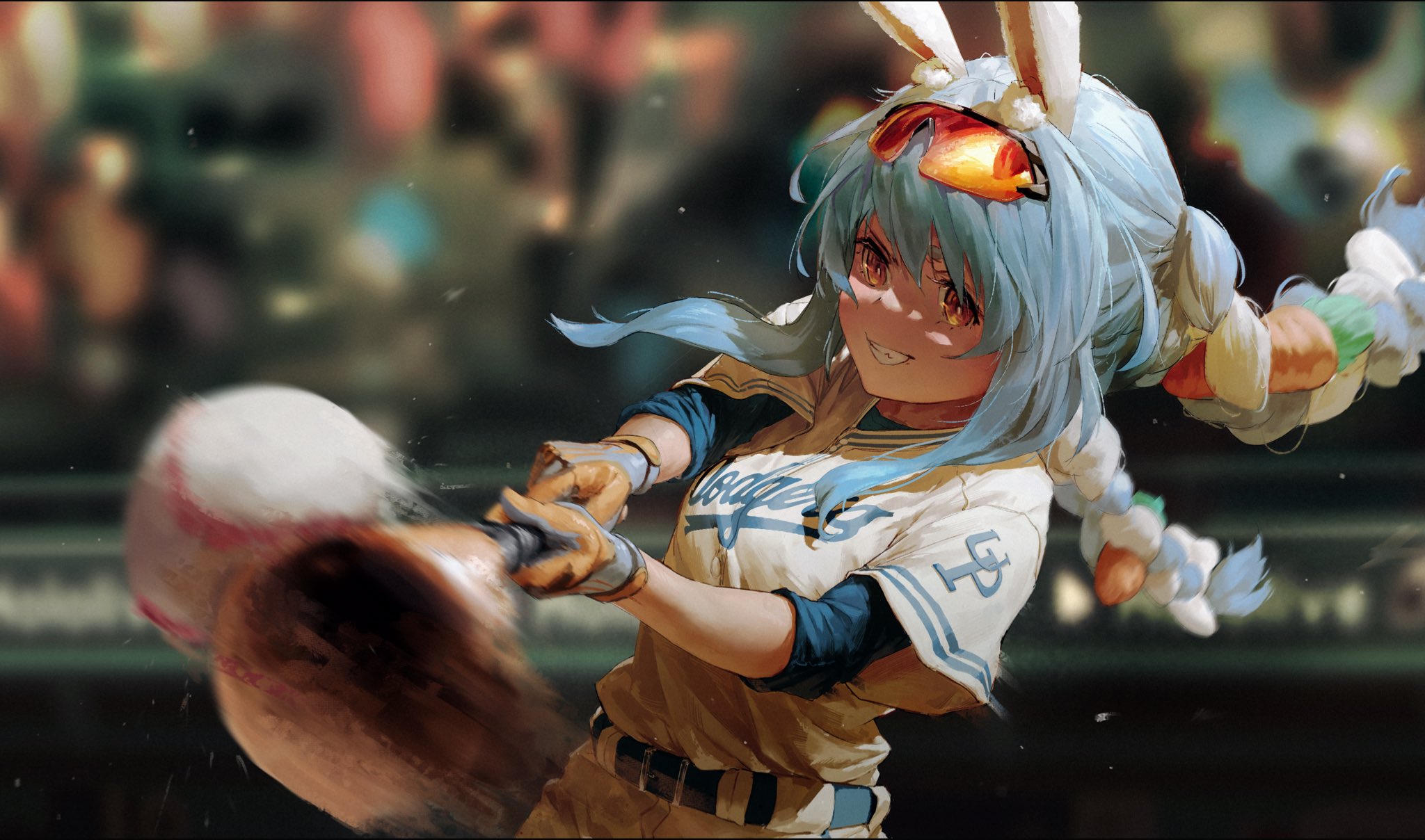 kokono ka, usada pekora, hololive, los angeles dodgers, highres, 1girl, baseball, baseball bat, baseball uniform, blue hair, blurry, blurry background, braid, carrot hair ornament, food-themed hair ornament, gloves, grin, hair ornament, motion blur, orange eyes, rabbit girl, rabbit tail, smile, solo, sportswear, sunglasses, swinging baseball bat, tail, upper body