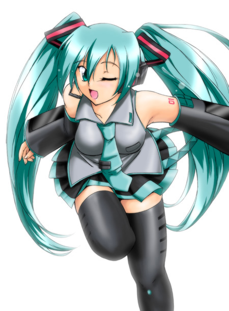 okashira (okashira souhonzan), hatsune miku, vocaloid, 1girl, ;d, aqua hair, belt, black boots, black skirt, boots, collared shirt, detached sleeves, female focus, grey shirt, hair between eyes, hair ornament, headphones, headset, long hair, microphone, miniskirt, necktie, one eye closed, open mouth, outstretched arm, pleated skirt, running, shirt, simple background, skirt, smile, solo, tattoo, thigh boots, thighhighs, twintails, very long hair, white background