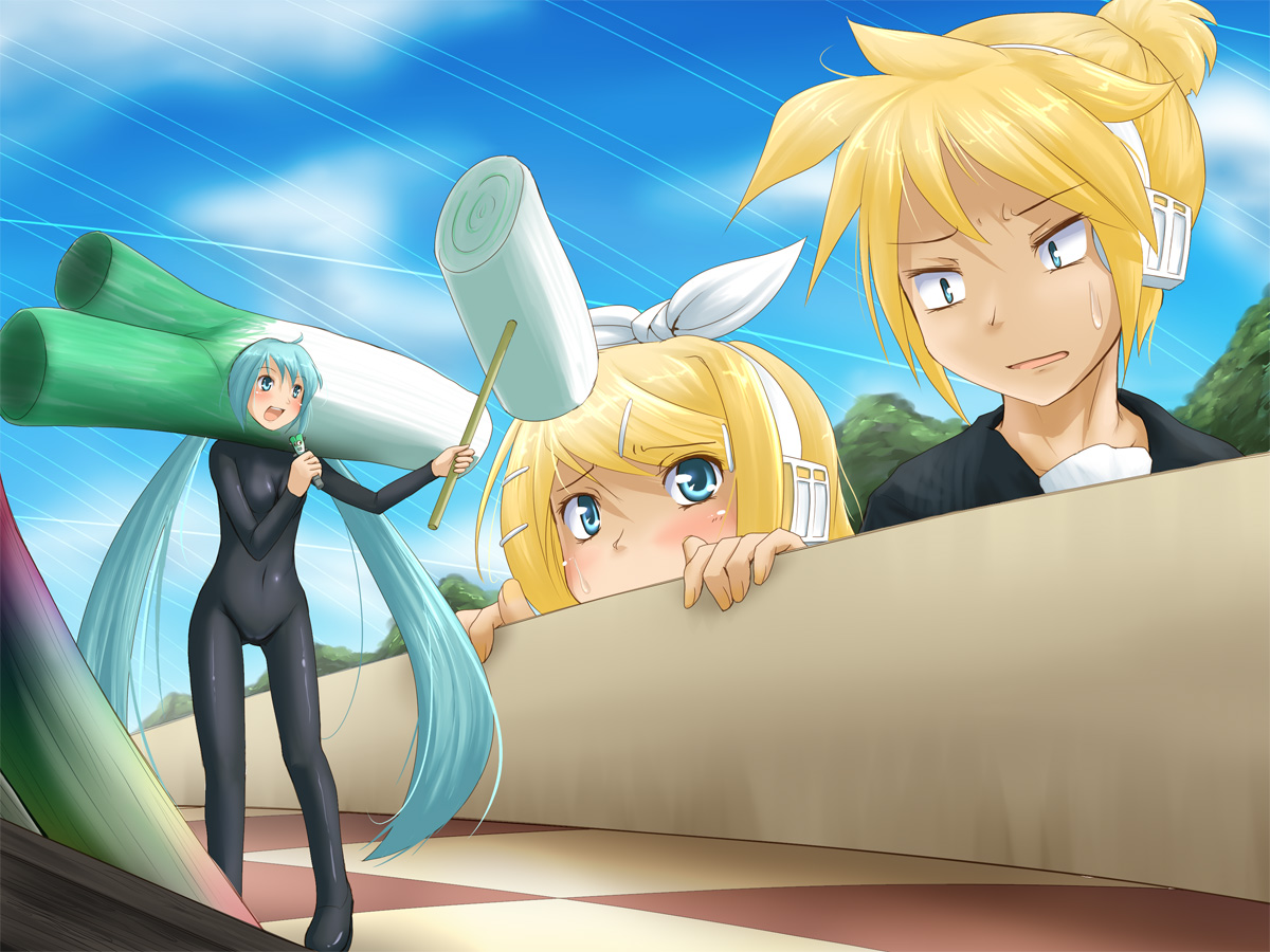 kou (haijindeath), hatsune miku, kagamine len, kagamine rin, macross, macross frontier, vocaloid, 1boy, 2girls, aqua hair, brother and sister, multiple girls, parody, siblings, spring onion, twins, twintails