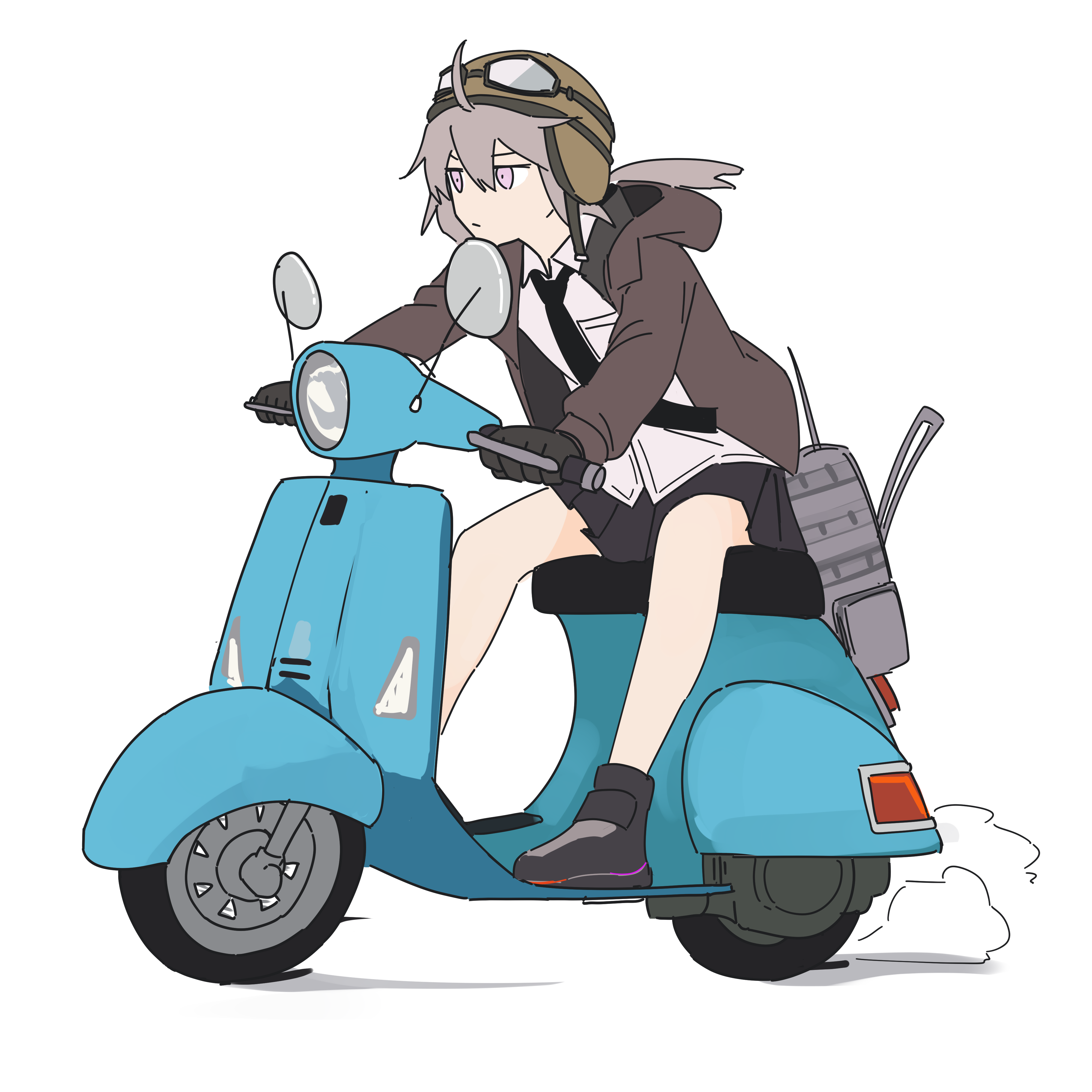 myticalcat, m200 (girls' frontline), girls' frontline, absurdres, commentary, highres, 1girl, ahoge, black gloves, black necktie, black skirt, brown hair, brown jacket, closed mouth, collared shirt, driving, full body, gloves, goggles, goggles on headwear, helmet, hood, hooded jacket, jacket, motor vehicle, necktie, on scooter, open clothes, open jacket, pleated skirt, purple eyes, scooter, shirt, simple background, skirt, solo, white background, white shirt