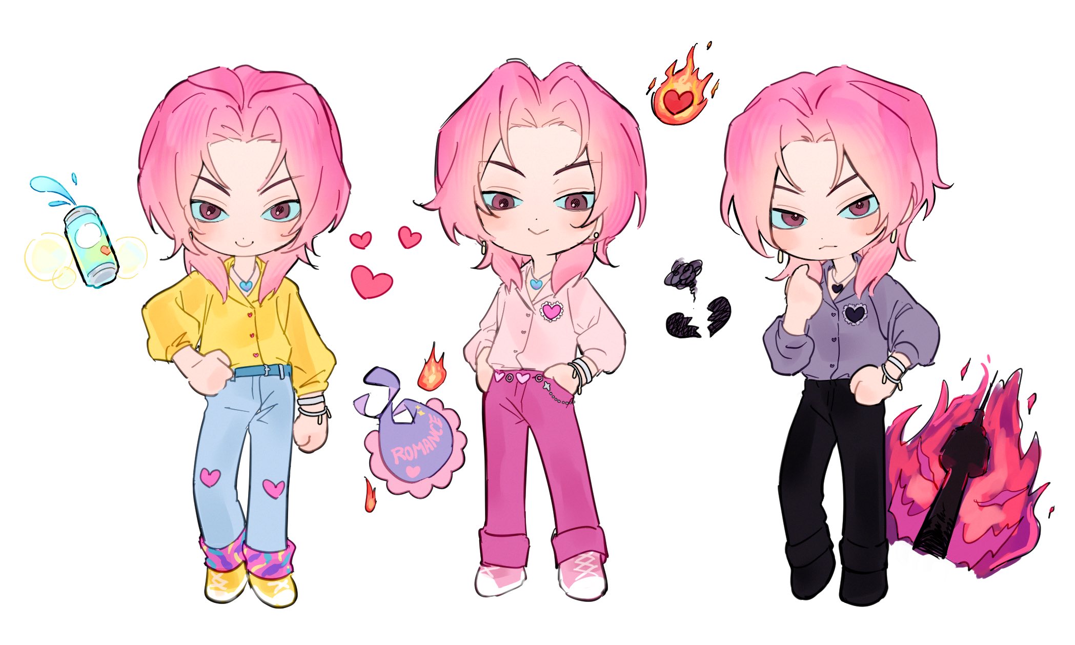 romance (kpop demon hunters), kpop demon hunters, commentary request, highres, korean commentary, 1boy, 1ill1illi, black pants, bracelet, broken heart, chibi, denim, earrings, fire, grey shirt, hand on own hip, heart, jeans, jewelry, looking at viewer, pants, pink eyes, pink hair, pink pants, shirt, simple background, white background, yellow shirt