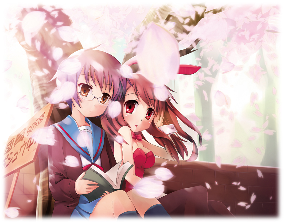 hubrael, asahina mikuru, nagato yuki, suzumiya haruhi no yuuutsu, 00s, animal ears, book, cherry blossoms, fake animal ears, glasses, pantyhose, playboy bunny, rabbit ears, school uniform, serafuku