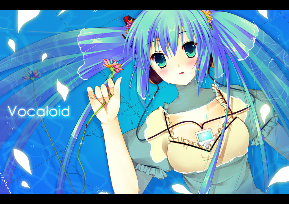 sakura hanpen, hatsune miku, vocaloid, bad id, bad pixiv id, aqua eyes, aqua hair, between breasts, blush, breasts, digital media player, dress, flower, green hair, ipod, ipod nano, ipod nano 3g, letterboxed, solo, twintails, water, wet