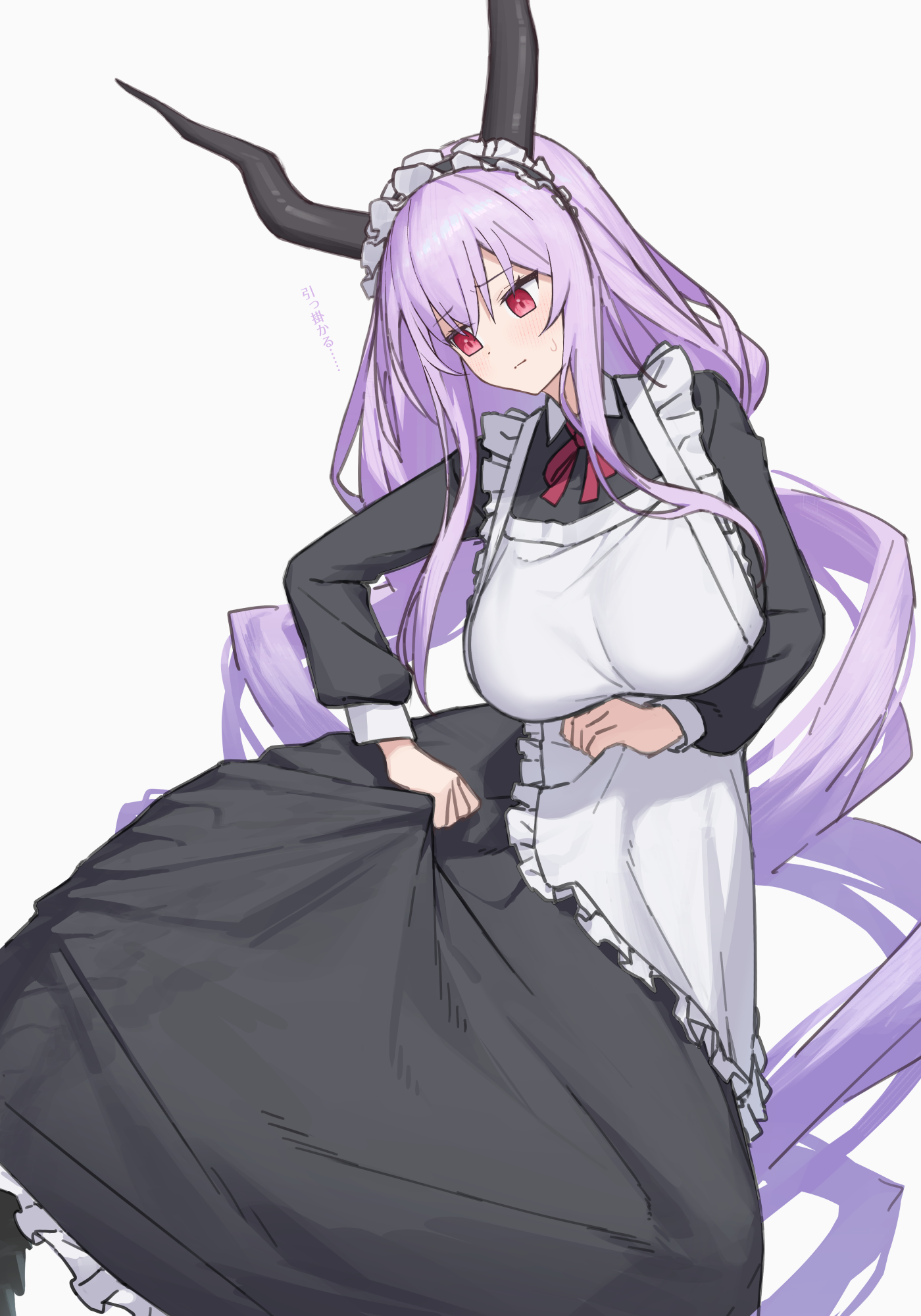 allen.n, typhon (arknights), arknights, commentary request, highres, 1girl, alternate costume, apron, black dress, breasts, dress, enmaided, frilled hairband, frills, hairband, horns, inconvenient tail, large breasts, long hair, maid, maid apron, purple hair, red eyes, solo, sweatdrop, tail, very long hair