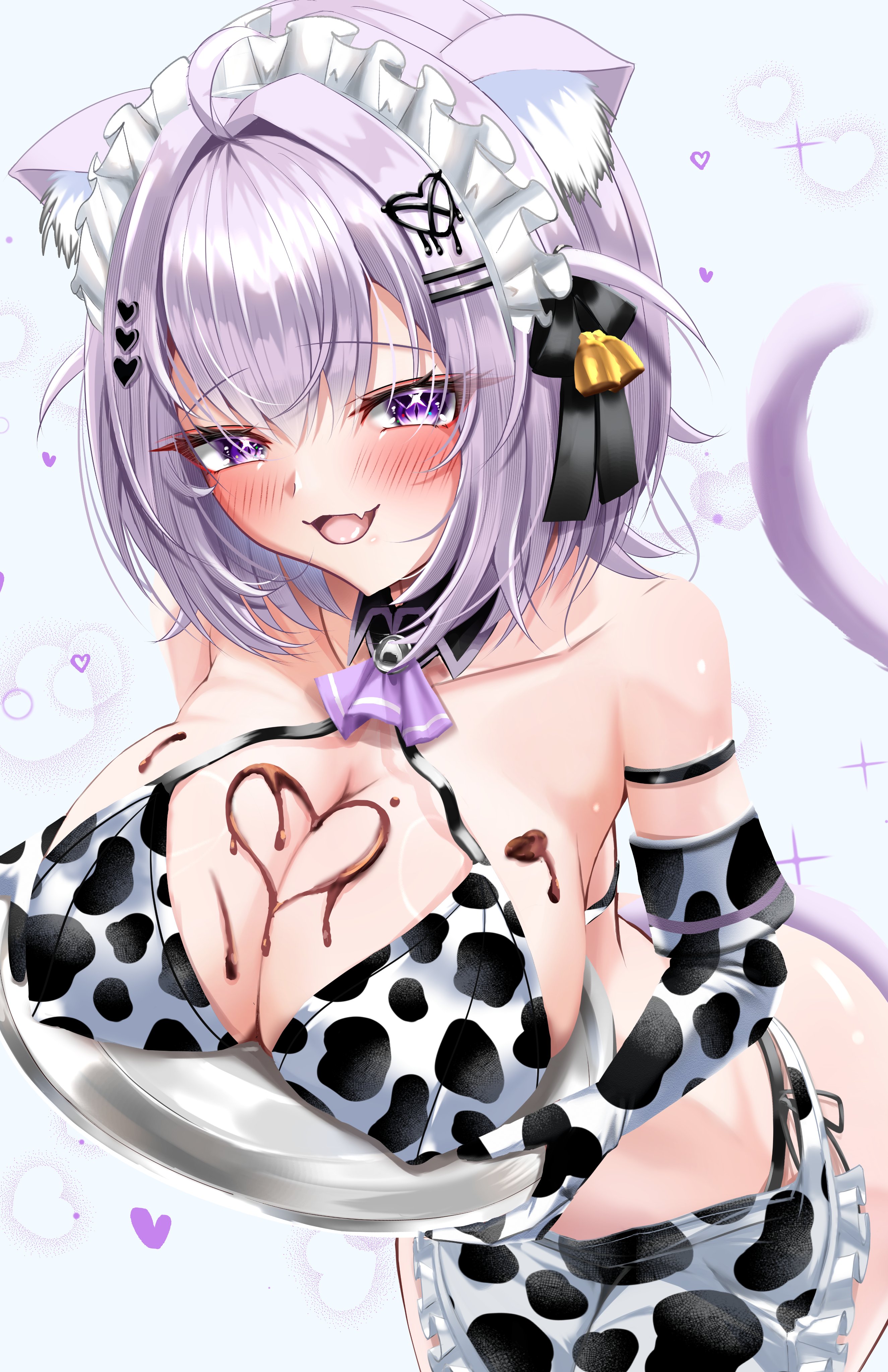 uchi1048, nekomata okayu, hololive, absurdres, highres, 1girl, animal ear fluff, animal ears, animal print, apron, bikini, black apron, black bikini, black collar, black gloves, black ribbon, breasts, cat ears, cat girl, cat tail, chocolate, chocolate on body, chocolate on breasts, cleavage, collar, cow print, cow print bikini, fang, food on body, gloves, hair ornament, hair ribbon, hairpin, heart, heart hair ornament, holding, holding plate, large breasts, looking at viewer, maid headdress, medium hair, multicolored bikini, open mouth, plate, print apron, print bikini, purple eyes, purple hair, ribbon, side-tie bikini bottom, skin fang, smile, solo, swimsuit, tail, two-tone apron, two-tone bikini, two side up, virtual youtuber, white apron, white bikini, white headdress