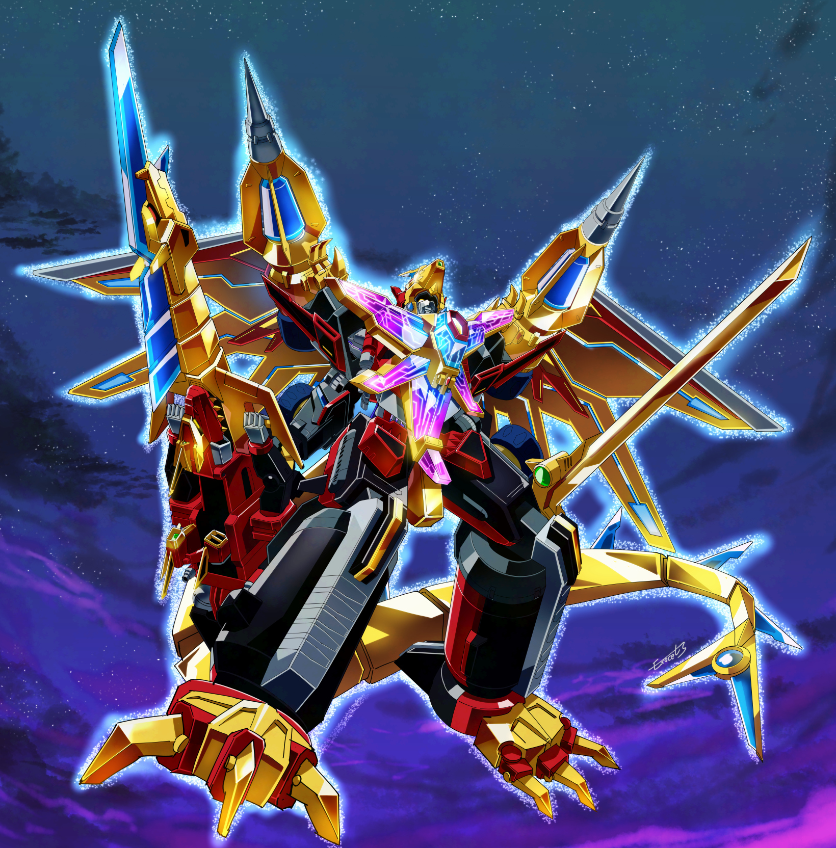 exocet (exocet4), gridman universe, gridman universe (movie), highres, dual wielding, holding, holding sword, holding weapon, mecha, mecha focus, night, night sky, no humans, robot, rogue kaiser gridman, signature, sky, sparkle, sparkling aura, star (sky), super robot, sword, weapon