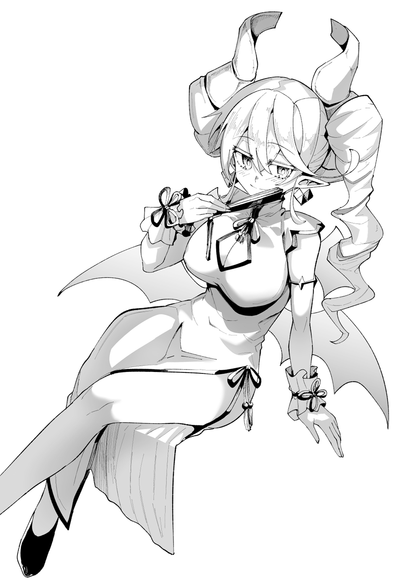 edobox, lovely labrynth of the silver castle, yu-gi-oh!, highres, 1girl, blush, breasts, china dress, chinese clothes, cleavage, demon girl, demon horns, demon wings, dress, drill hair, duel monster, earrings, greyscale, hand fan, holding, holding fan, horns, invisible chair, jewelry, large breasts, long hair, monochrome, pointy ears, simple background, sitting, smile, solo, twin drills, white background, wings