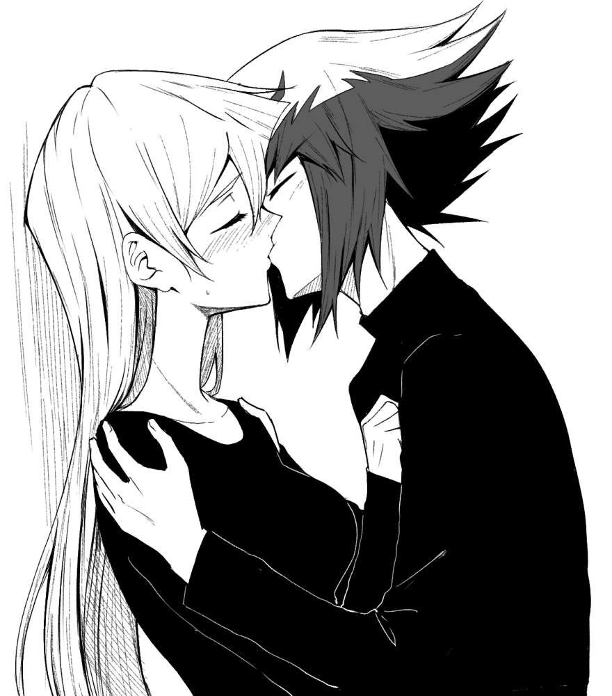 rourou ill, tenjouin asuka, yuki judai, yu-gi-oh!, yu-gi-oh! gx, 1boy, 1girl, blonde hair, blush, breasts, brown hair, closed eyes, couple, french kiss, hair between eyes, hetero, kiss, large breasts, long hair, simple background, straight hair, turtleneck, white background