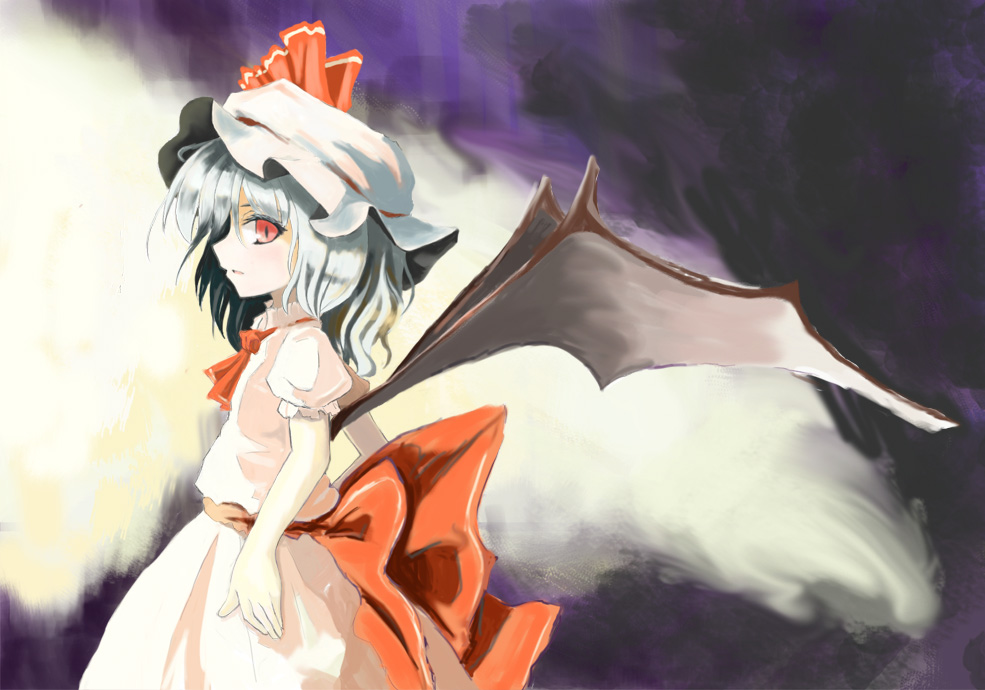 hokamichi, taji (crowview), remilia scarlet, touhou, 1girl, female focus, hat, ribbon, short hair, solo, tamichi, wings