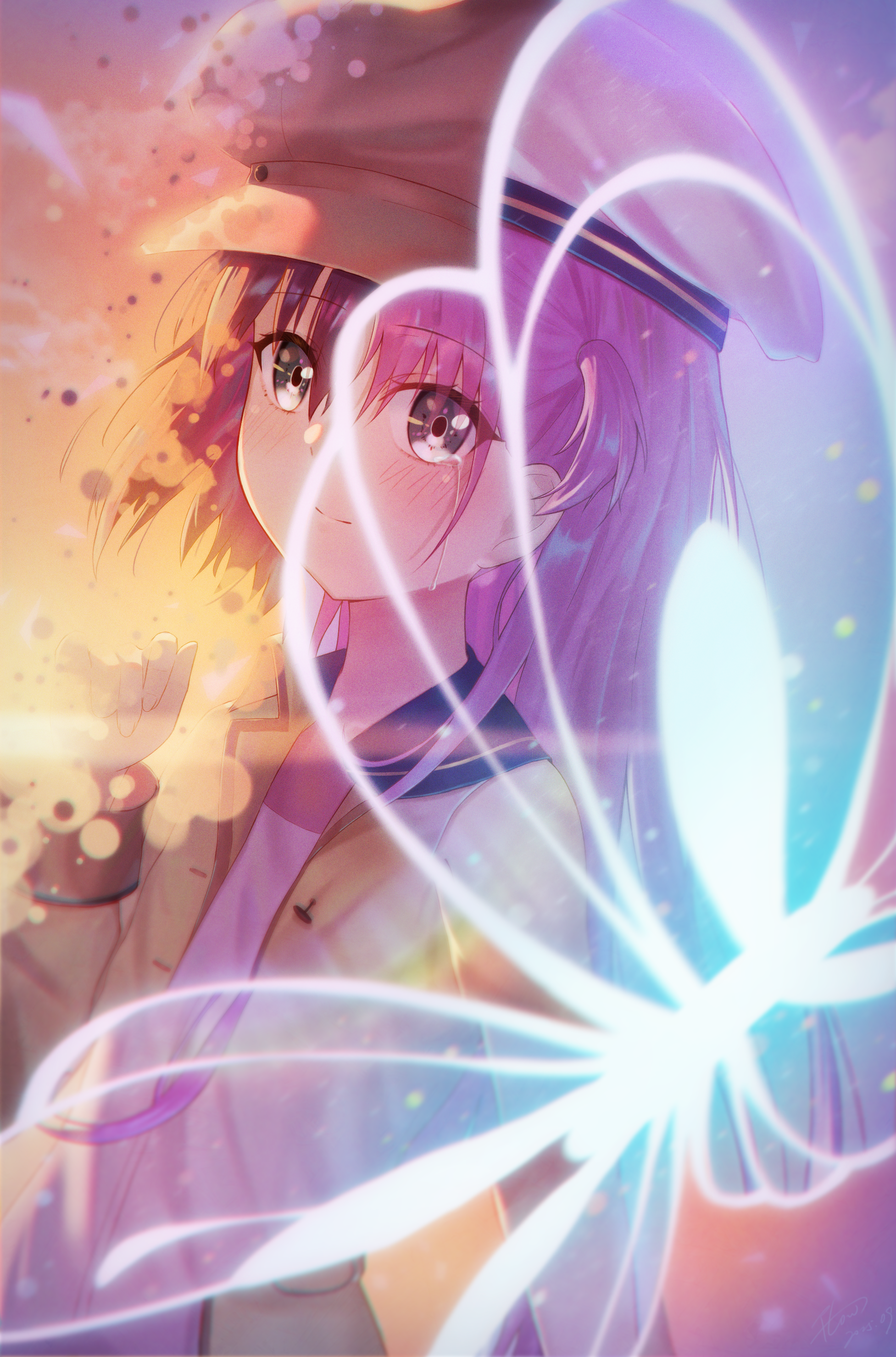 flowingcrescent, katou umi, nanami (summer pockets), summer pockets, absurdres, commentary, highres, spoilers, 1girl, blue butterfly, blue sailor collar, blush, brown hat, bug, butterfly, closed mouth, crying, crying with eyes open, dated, dissolving, dual persona, dutch angle, eyelashes, eyes visible through hair, film grain, glowing butterfly, grey eyes, hair between eyes, hand up, hat, insect, long hair, long sleeves, looking at viewer, medium hair, one side up, outdoors, peaked cap, pink hair, purple hair, sailor collar, sailor hat, signature, smile, solo, split mouth, streaming tears, sunset, tears, upper body, white hat