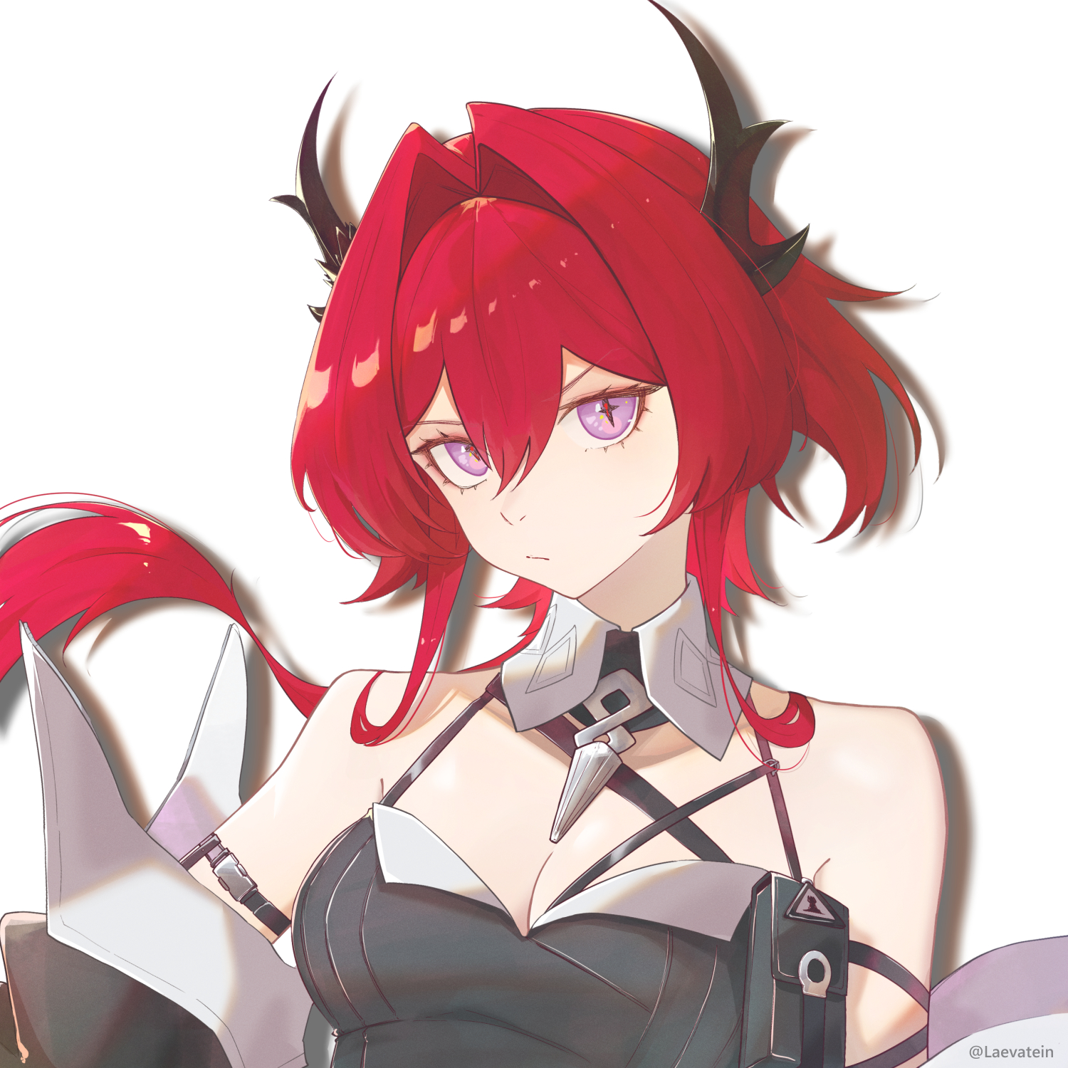 laevatein (la3vatein), laevatein (arknights), surtr (arknights), arknights, arknights: endfield, commentary, highres, 1girl, arm strap, bare shoulders, black horns, breasts, cleavage, closed mouth, hair between eyes, hair intakes, horns, long hair, looking at viewer, medium breasts, off shoulder, portrait, purple eyes, red hair, shadow, simple background, solo, white background