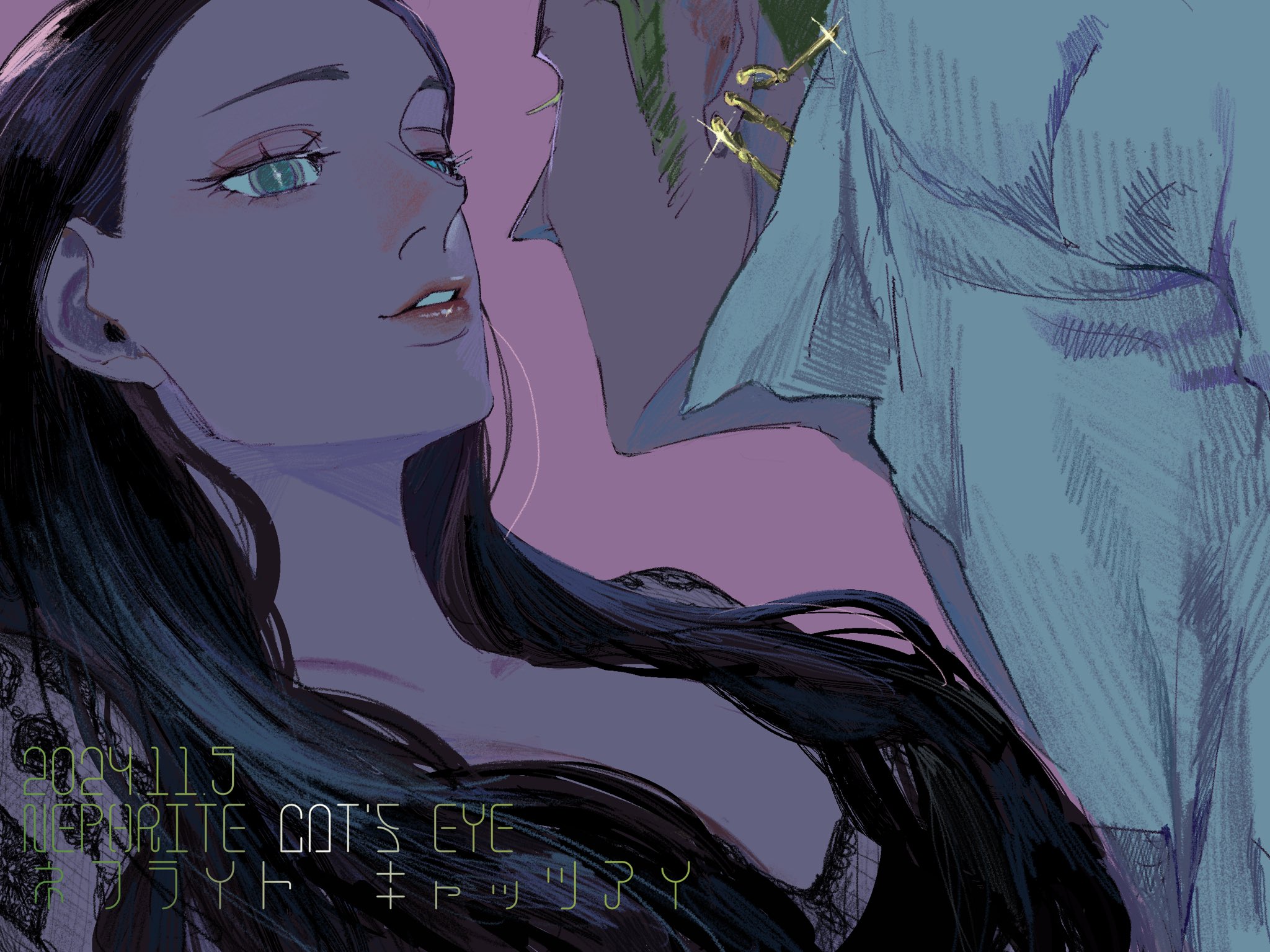 hisarakanoi, nico robin, roronoa zoro, one piece, commentary request, highres, 1boy, 1girl, black hair, blue eyes, dated, earrings, eyelashes, eyeshadow, glint, green hair, jewelry, long hair, makeup, parted lips, pink background, shirt, sideburns, simple background, white shirt