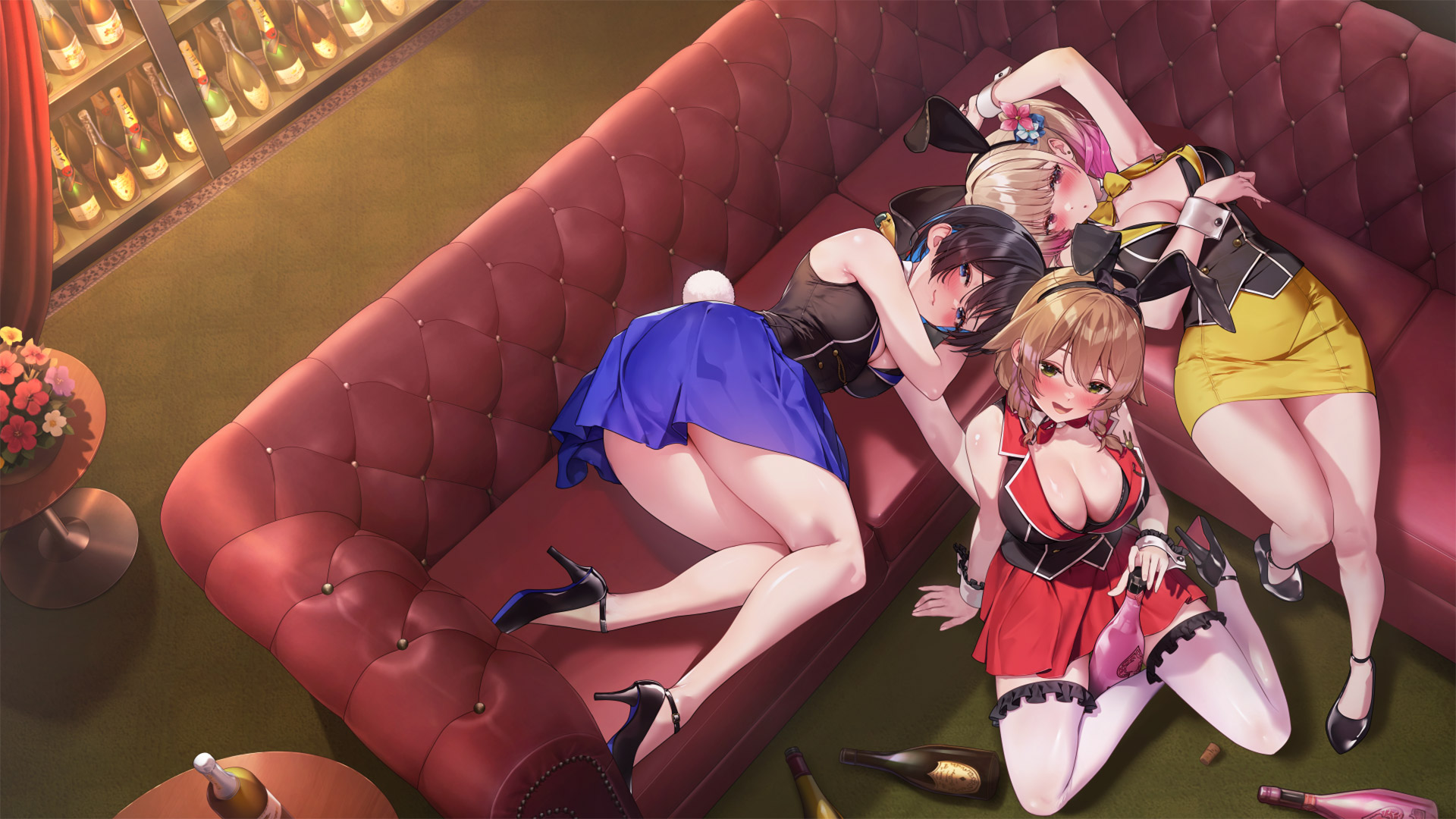yamacchi, kana (bunny garden), miuka (bunny garden), rin (bunny garden), bunny garden, highres, official art, 3girls, alcohol, ass, black hair, blonde hair, blush, breasts, brown hair, cleavage, collared vest, couch, drunk, from above, hostess, large breasts, looking at viewer, lying, medium hair, multiple girls, open mouth, ponytail, short hair, skirt, smile, vest, wrist cuffs