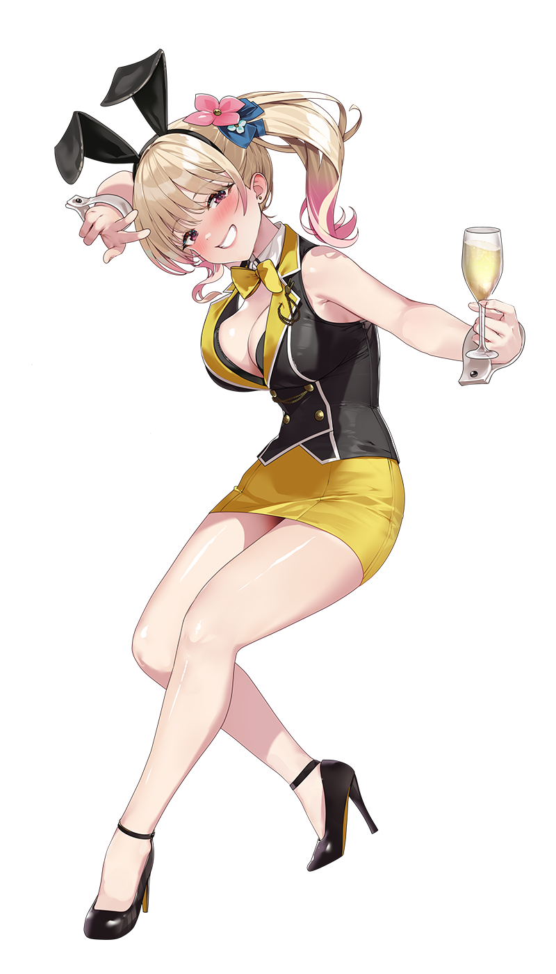yamacchi, rin (bunny garden), bunny garden, highres, official art, 1girl, alcohol, animal ear hairband, animal ears, black cuff links, black ears, black hairband, black shoes, blonde hair, blush, bow, bowtie, breasts, buttons, champagne, champagne flute, cleavage, colored lapels, cuff links, cup, drinking glass, drunk, fake animal ears, flower, full body, gold buttons, gradient hair, grin, hair flower, hair ornament, hairband, high heels, high side ponytail, holding, holding cup, hostess, lapels, large breasts, looking at viewer, miniskirt, multicolored hair, notched lapels, pencil skirt, pink eyes, pink flower, pink hair, ponytail, rabbit ear hairband, rabbit ears, shoes, skirt, sleeveless, smile, solo, teeth, transparent background, v, white wrist cuffs, wrist cuffs, yellow bow, yellow bowtie, yellow skirt
