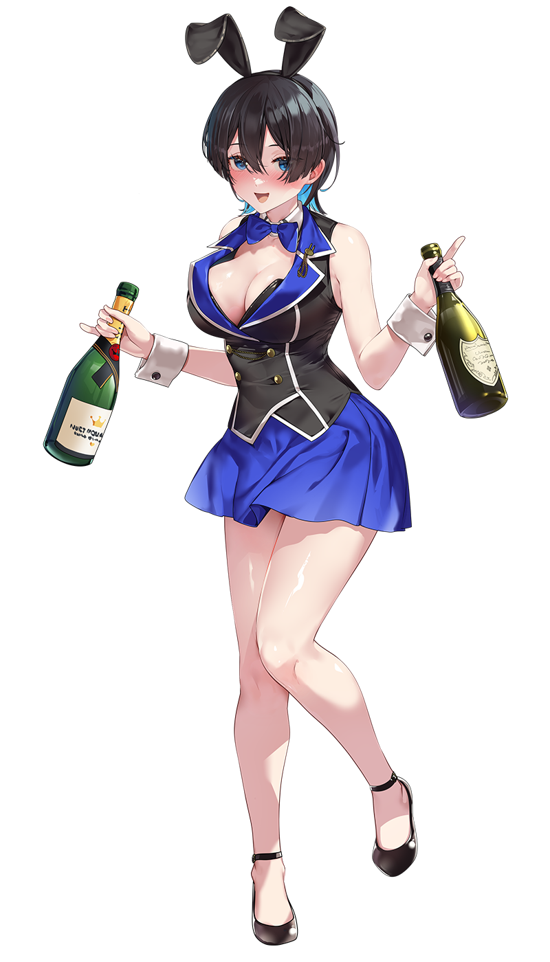yamacchi, miuka (bunny garden), bunny garden, highres, official art, 1girl, :d, alcohol, animal ears, black ears, black hair, blue bow, blue bowtie, blue eyes, blue skirt, blush, bottle, bow, bowtie, breasts, buttons, cleavage, colored inner hair, colored lapels, cuff links, double-parted bangs, dual wielding, fake animal ears, full body, hair between eyes, holding, holding bottle, hostess, lapels, large breasts, looking at viewer, multicolored hair, notched lapels, open clothes, open mouth, rabbit ears, short hair, skirt, sleeveless, smile, solo, standing, standing on one leg, transparent background, white wrist cuffs, wrist cuffs