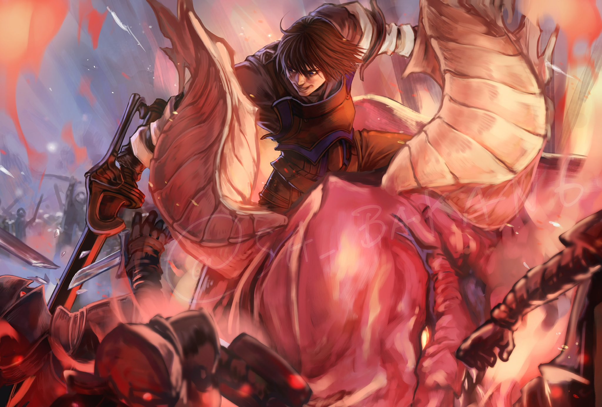 sa bakan6, angel (drag-on dragoon), caim (drag-on dragoon), drag-on dragoon, drag-on dragoon 1, commentary request, highres, 1boy, 4others, armor, brown hair, colored skin, evil smile, fire, holding, holding sword, holding weapon, horns, male focus, multiple others, outdoors, red skin, sharp teeth, smile, sword, teeth, weapon, yellow eyes