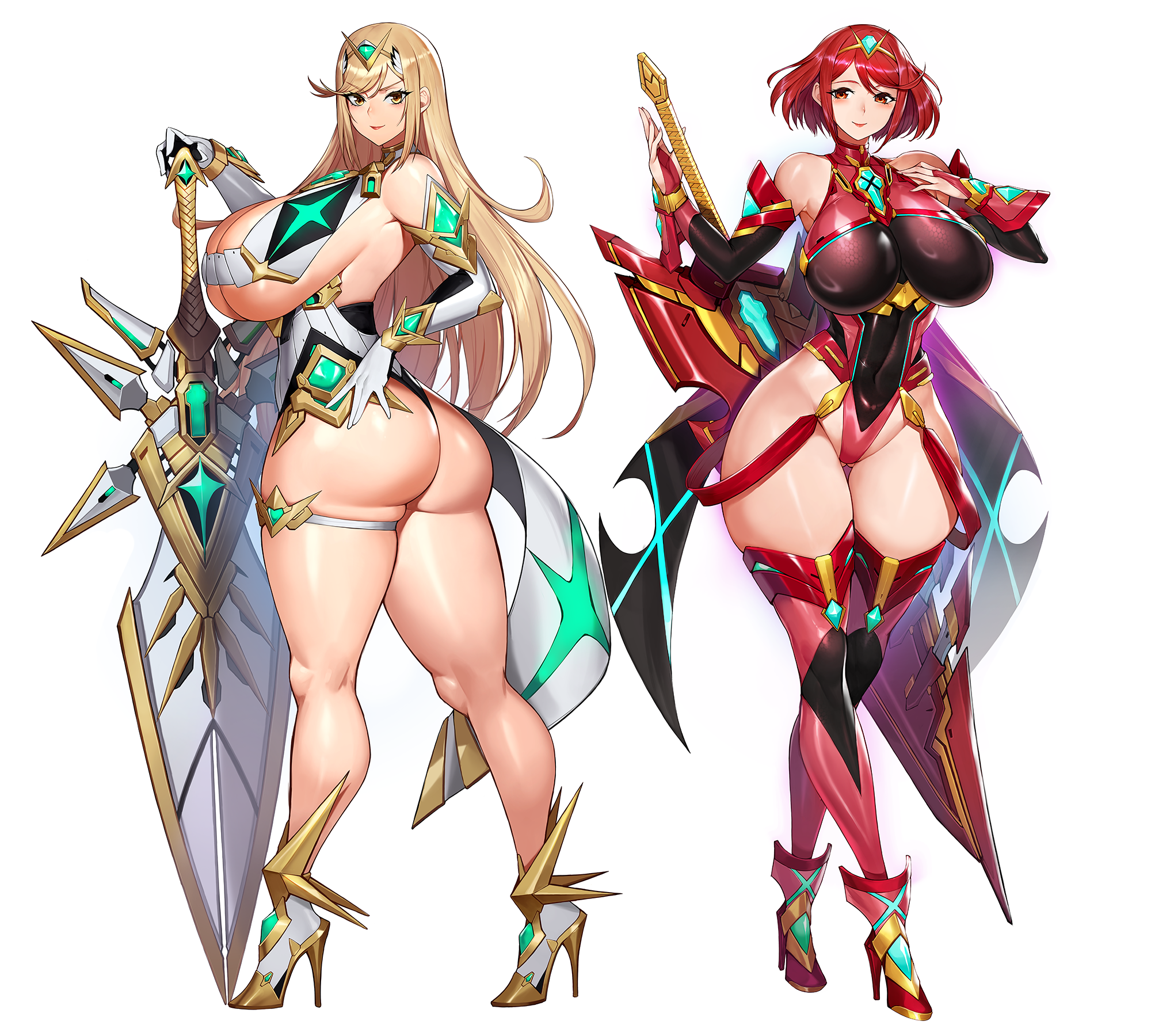 gurimjang, mythra (xenoblade), pyra (xenoblade), xenoblade chronicles (series), xenoblade chronicles 2, highres, 2girls, aegis sword (xenoblade), ass, bare shoulders, blonde hair, blush, breasts, chest jewel, cleavage, cleavage cutout, clothing cutout, core crystal (xenoblade), dress, earrings, floating earrings, gem, gloves, hand on hilt, hand to weapon, headpiece, high heels, huge ass, huge breasts, impossible clothes, jewelry, kneepits, large breasts, long hair, looking at viewer, microdress, multiple girls, red eyes, red hair, red shorts, short hair, shorts, smile, swept bangs, thighhighs, tiara, twisted torso, very long hair, wide hips, yellow eyes