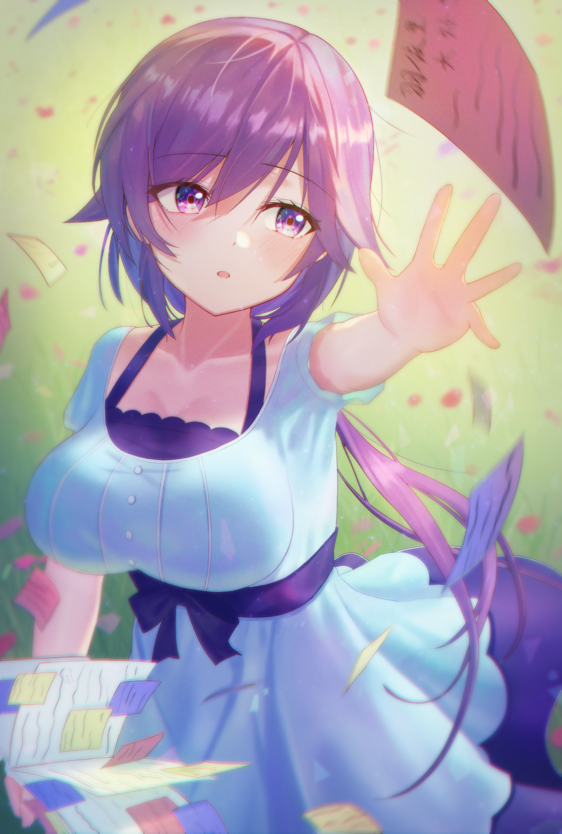 flowingcrescent, mizuori shizuku, summer pockets, absurdres, commentary, highres, revision, 1girl, :o, blue bow, blue dress, blurry, blush, book, bow, breasts, collarbone, cowboy shot, depth of field, dress, dress bow, eyelashes, eyes visible through hair, film grain, flying paper, green background, hair between eyes, large breasts, long hair, low ponytail, open book, open mouth, outstretched arm, outstretched hand, paper, ponytail, purple eyes, purple hair, reaching, short sleeves, sidelocks, simple background, solo, very long hair