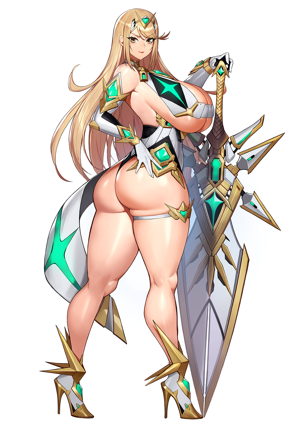 gurimjang, mythra (xenoblade), xenoblade chronicles (series), xenoblade chronicles 2, highres, 1girl, aegis sword (xenoblade), ass, bare shoulders, blonde hair, breasts, chest jewel, cleavage, cleavage cutout, clothing cutout, core crystal (xenoblade), curvy, dress, earrings, elbow gloves, floating earrings, full body, gem, gloves, hand on hilt, headpiece, high heels, huge ass, huge breasts, jewelry, kneepits, large breasts, long hair, looking at viewer, microdress, smile, solo, swept bangs, thick thighs, thighs, tiara, twisted torso, underboob, very long hair, yellow eyes