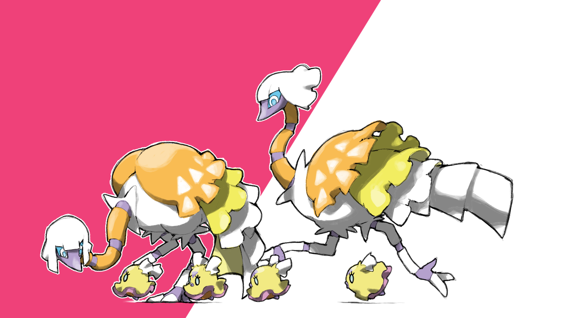 blacknirrow, espathra, flittle, nintendo, pokemon, commentary, highres, animal focus, blue pupils, blue sclera, colored sclera, evolutionary line, eyelashes, no humans, outline, pokemon (creature), pokemon focus, simple background, two-tone background, white eyes, white outline