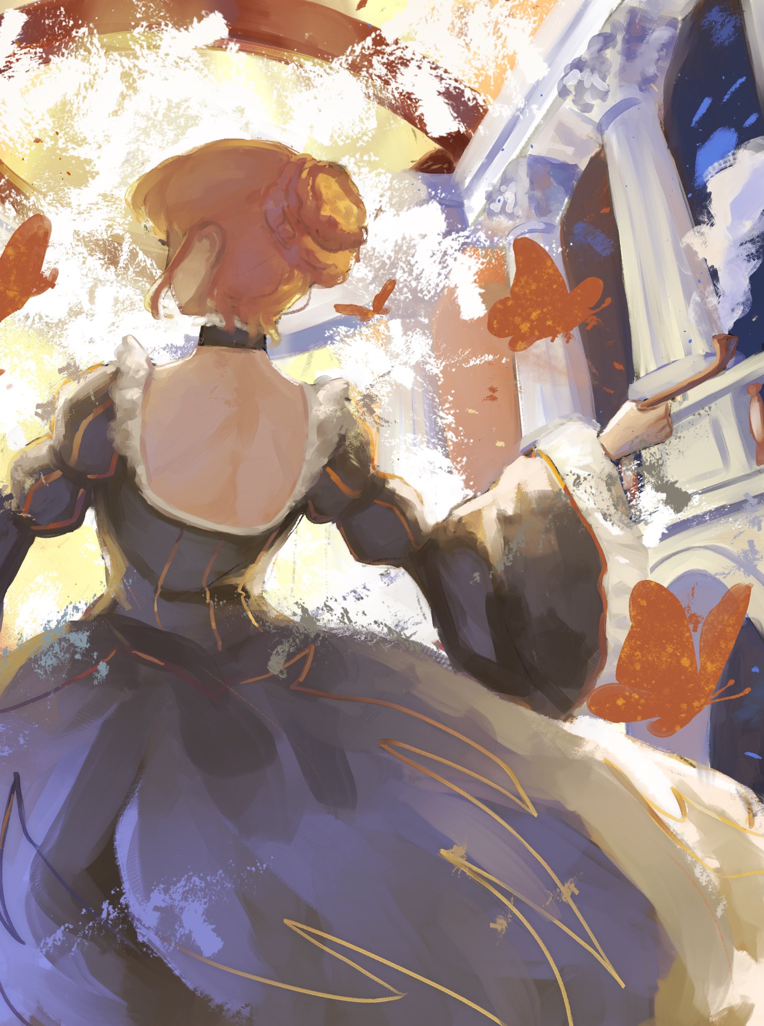beatrice (umineko), umineko no naku koro ni, commentary, english commentary, highres, 1girl, backless dress, backless outfit, black dress, blonde hair, braid, bug, bun with braided base, butterfly, dress, from behind, hair bun, indoors, insect, sidelocks, single hair bun, smoke, smoking pipe, solo, standing, violett3reverie, yellow butterfly