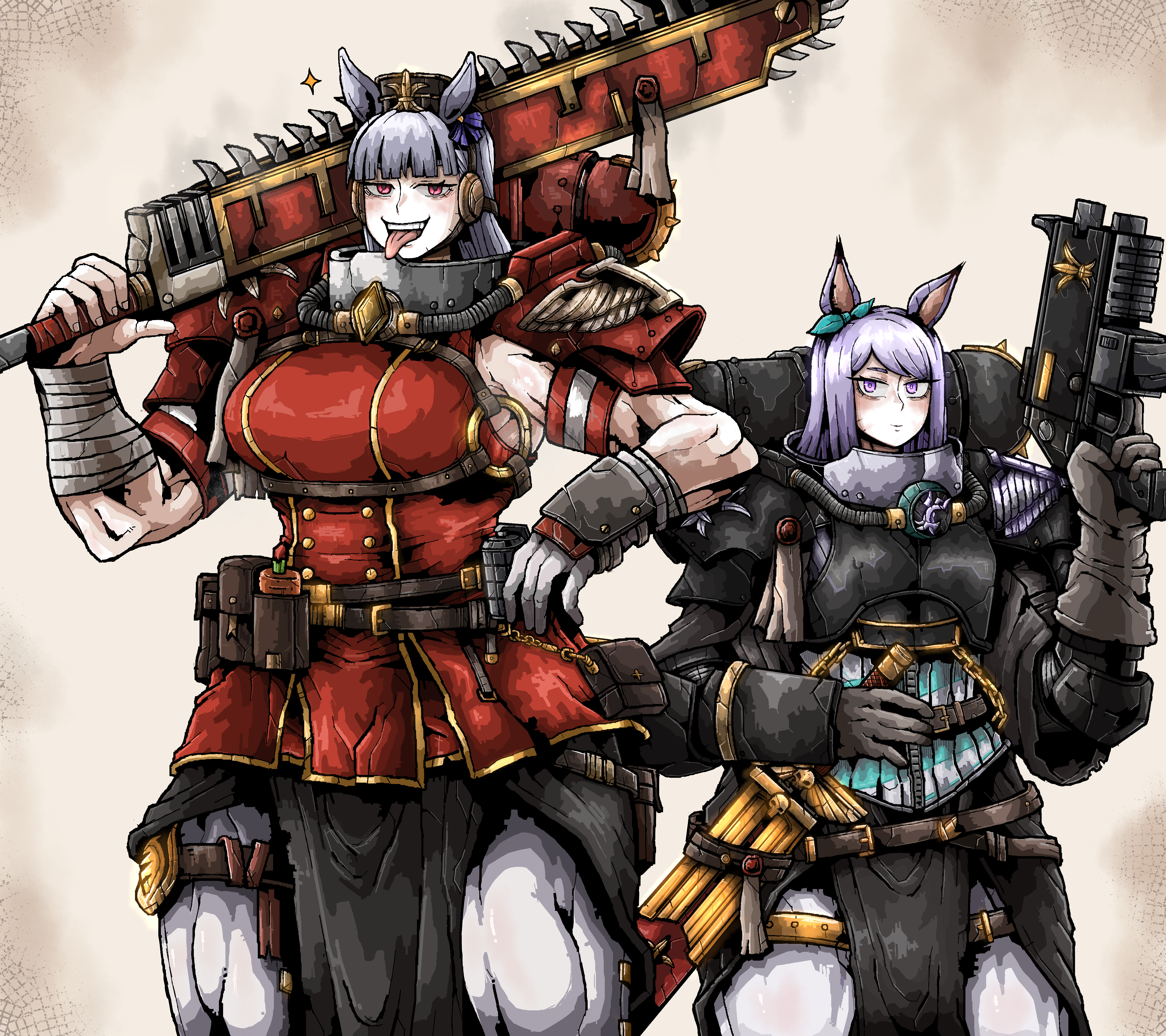 octosoup, adepta sororitas, gold ship (red strife) (umamusume), gold ship (umamusume), mejiro mcqueen (umamusume), umamusume, warhammer 40k, absurdres, highres, 2girls, animal ears, armor, belt, biceps, bolter, bow, chainsword, ear ribbon, explosive, full armor, gloves, grenade, holding, holding sword, holding weapon, horse ears, horse girl, looking at viewer, multiple girls, muscular, muscular female, power armor, purple eyes, purple hair, red eyes, sparkle, sword, tongue, tongue out, weapon, white hair