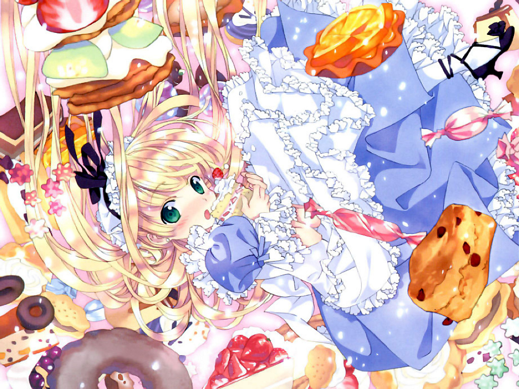 takeda hinata, kujou kazuya, victorica de blois, gosick, official art, 1girl, :o, apron, blonde hair, blush, bonnet, cake, candy, cookie, eating, female focus, food, frills, hair spread out, high heels, lolita fashion, long hair, pastry, ribbon, shoes, solo, surprised, sweets