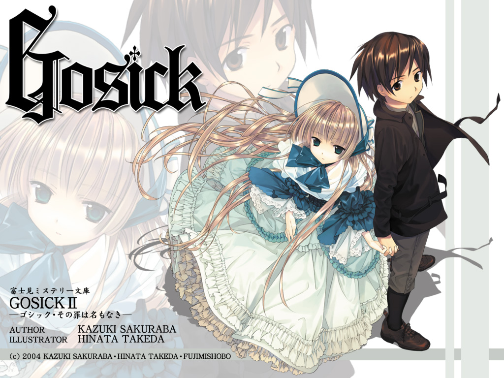takeda hinata, kujou kazuya, victorica de blois, gosick, official art, 1boy, 1girl, blonde hair, bonnet, copyright name, green eyes, hetero, holding hands, jacket, lolita fashion, long hair, ribbon