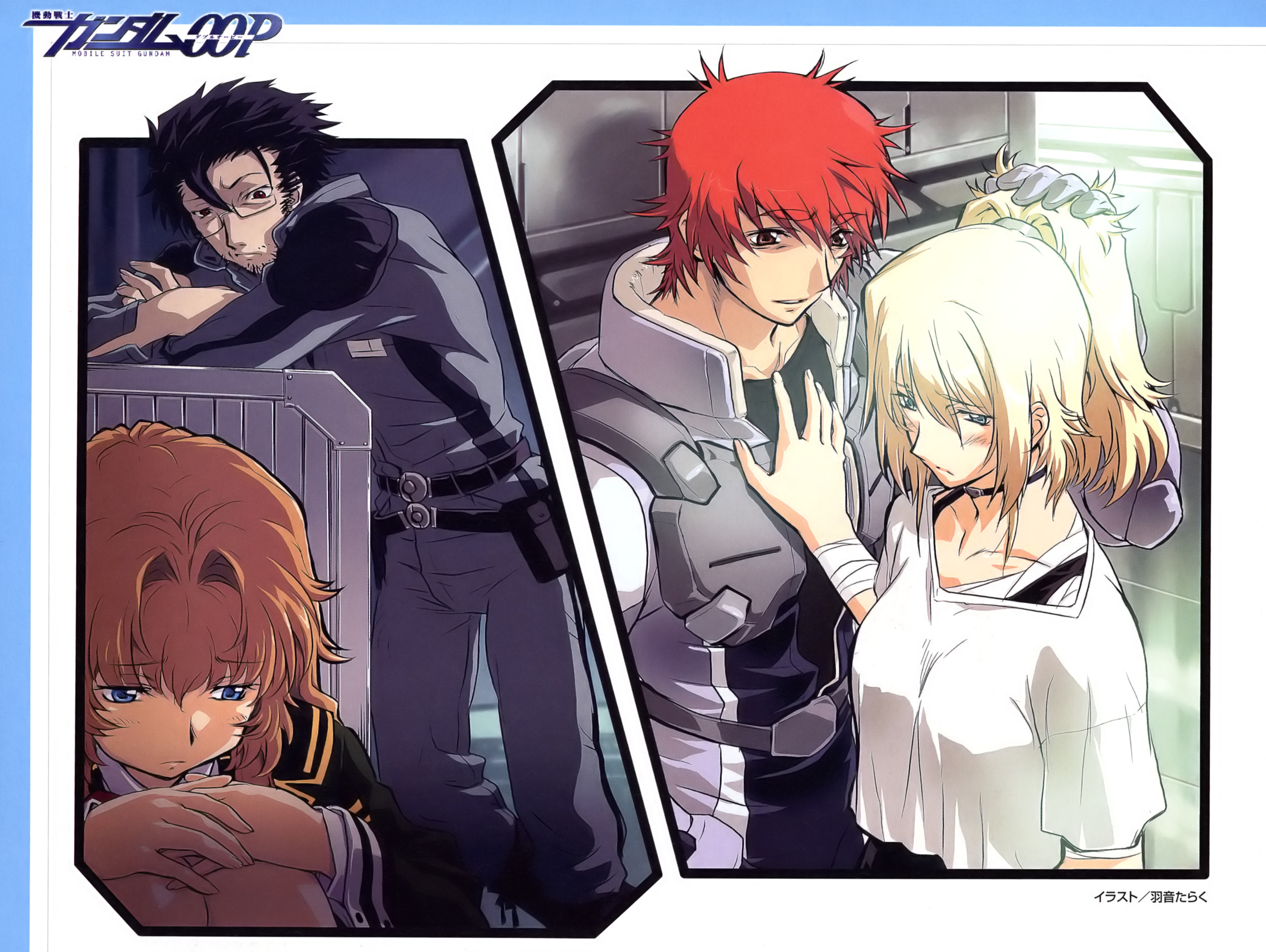 uon taraku, chall acustica, marlene vlady, ruido resonance, gundam, gundam 00, gundam 00p, absurdres, highres, 00s, 2boys, 2girls, aqua eyes, bandages, black hair, blonde hair, blue eyes, blush, brown eyes, brown hair, long hair, marlene bloody, multiple boys, multiple girls, ponytail, red hair